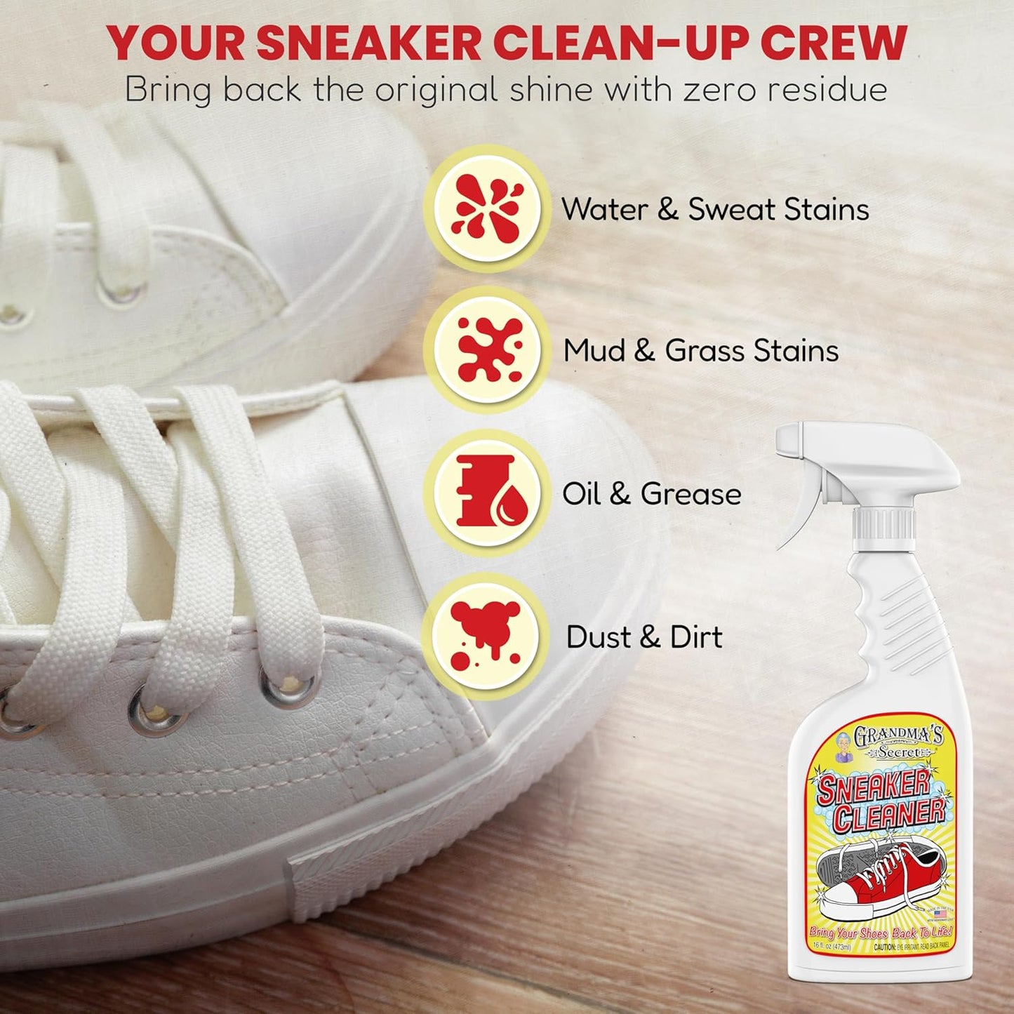 Grandma's Secret Sneaker Cleaner - Shoe Cleaner for Rubber, Canvas and Leather - Stain Remover Spray Removes Dirt, Grime and Grass - Sneakers Cleaner for Outdoor Shoes, Slippers and Moccasins ??16 oz