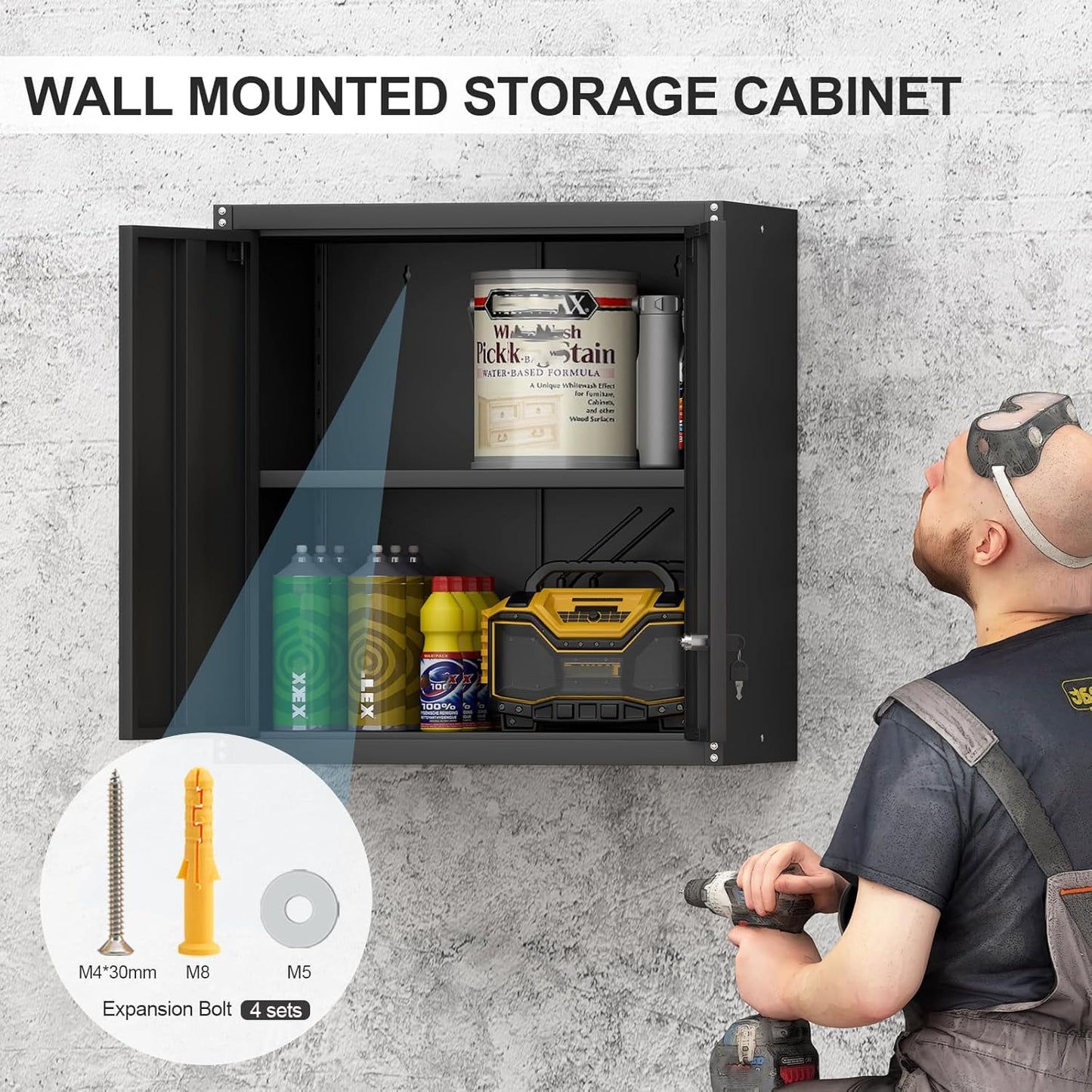 Steel Wall Cabinet, Metal Locking Wall Cabinet, Wall Hanging Metal Cabinet for Garage Tool Storage, Wall Mount Tool Cabinet for Garage, Laundry Room, Pantry, Black