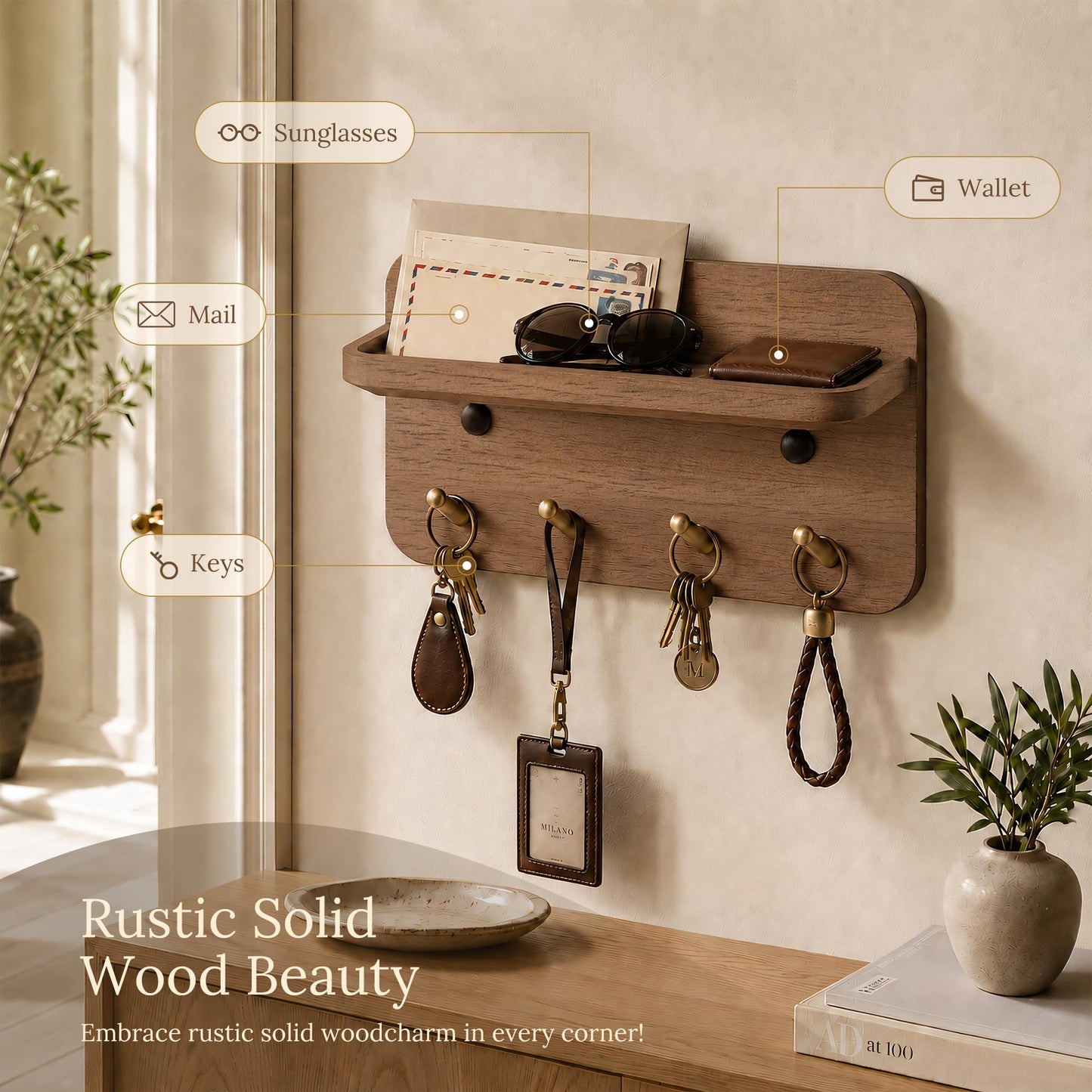 LEIRUOTM Key Holder Wall Mount, Solid Wood Key Holder for Wall with 4 Brass Hooks & Hidden Magnets