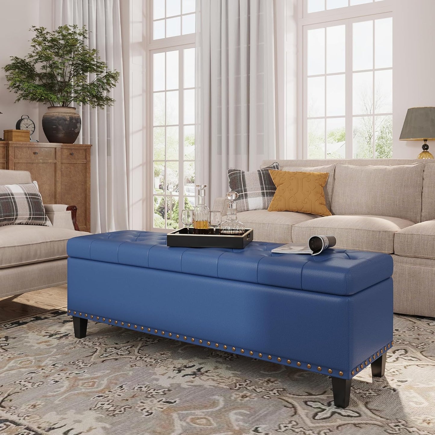 Storage Ottoman Bench, 51-Inch Large Storage Bench for Bedroom End of Bed, 30 Gallons Faux Leather Ottoman with Storage for Bedroom, Living Room, Entryway, Hallway, Blue