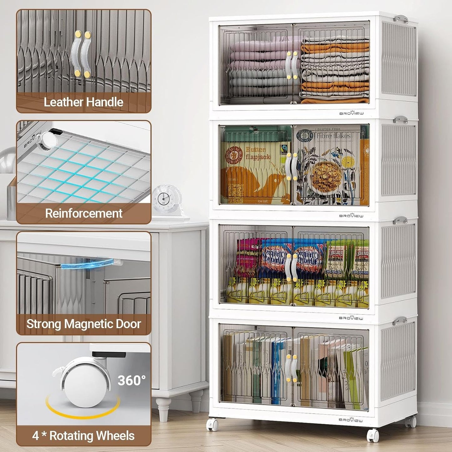 BROVIEW 600Qt Stackable Storage Bins with Lid, Extra Large Closet Organizer Collapsible Drawer Boxes with Wheels, Folding Plastic Cabinet Containers for Home Kitchen Room Organization, 5Pack White