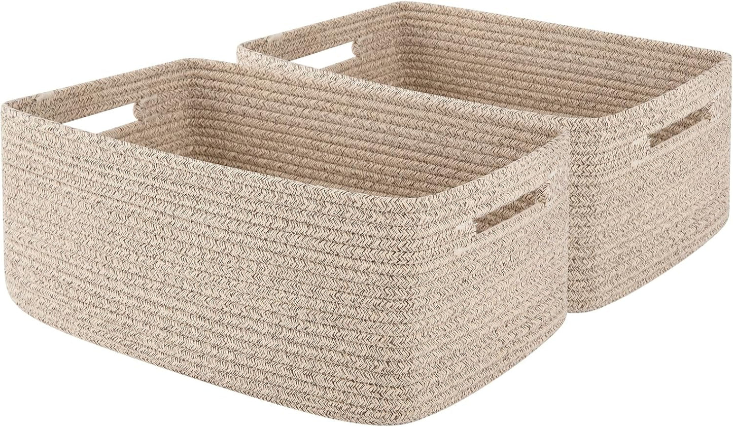 OIAHOMY Storage Basket for Shelves, Closet Cube Storage Bins Baskets for Clothes Blanket Towels, Baby Nursery, Toy Box, Woven Rope Basket, 15.75*11.81*7.09 IN, 2 Packs Brown