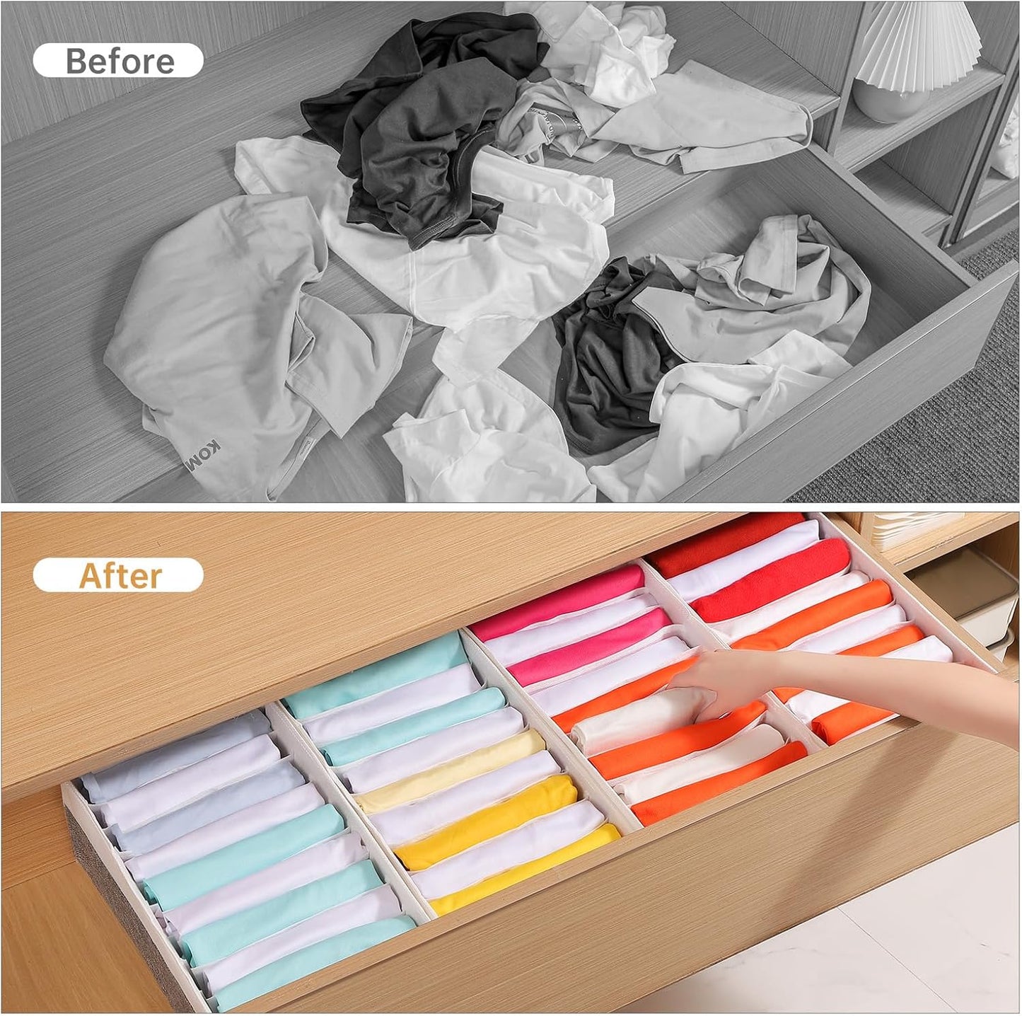 4 Packs T-shirt Drawer Organizers for Clothing,10 Grids Compartment Wardrobe Storage Box, Clothes Organizer for Folded Clothes, T-shirt, Legging-15.75''x9.06''x5.91''-GreyWhite