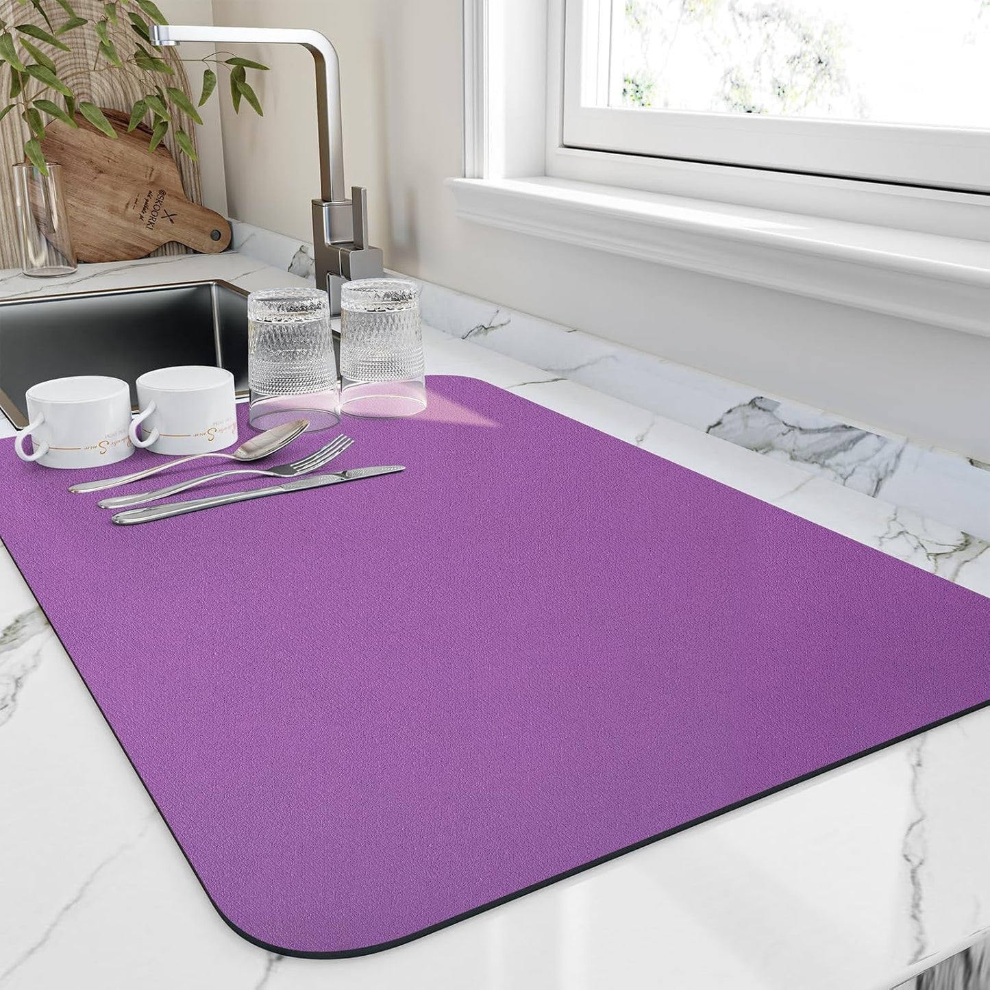 Dish Drying Mat for Kitchen Counter, Heat Resistant Drainer Mats with Non-slip Rubber Backed, Hide Stain Kitchen Super Absorbent Draining Mat, Easy to Clean Dish Rack Pad, Purple 18"x32"
