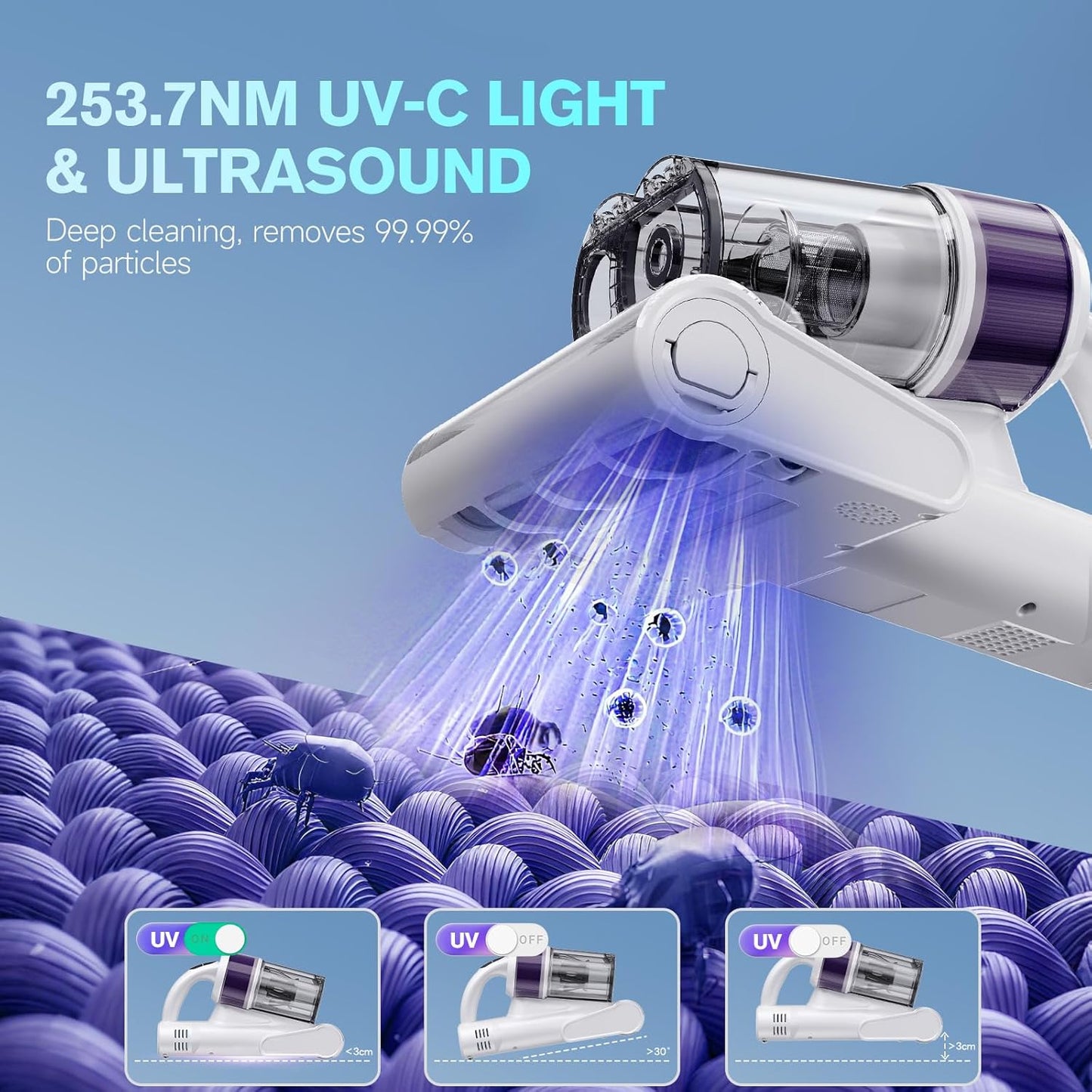 Mattress Vacuum Cleaner, 18Kpa Handheld Bed Vacuum Cleaner with 253.7nm UV-C Light, HEPA Filter & Ultrasoni, 150℉ Heat, Smart Dual Cup, and One-Click ash Removal for Bed, Sofa(White)