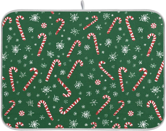 Christmas Candy Cane Dish Drying Mat for Kitchen Countertop 18x24 Winter Snowflake Green Xmas Large Drying Mat Reusable Quick Dry Dish Sink Mats Easy Clean Decorative Essentials