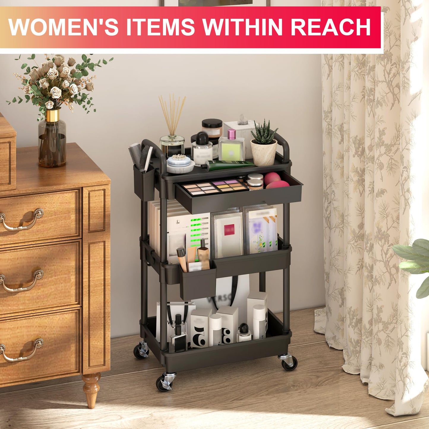 Goovilla 3 Tier Rolling Utility Cart Organizer with Removable Drawer, Black