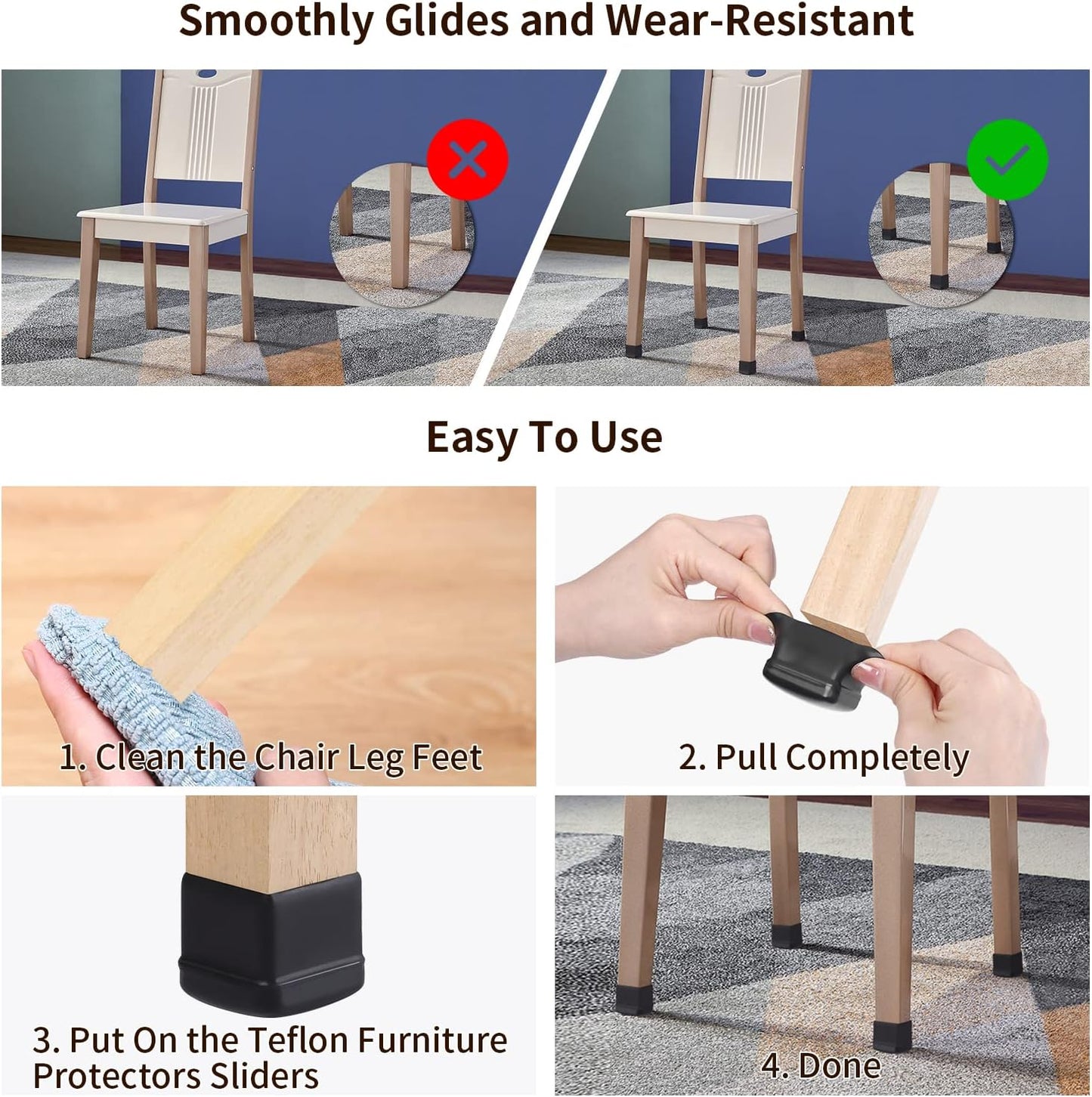 Ezprotekt 24 Pcs Black Chair Leg Sliders for Carpet, Square Chair Glides for Rug, Teflon Furniture Pads Leg Protectors Caps - for Dining Table, Bar Stool, End Table Legs (L Fit:1" - 1.4")