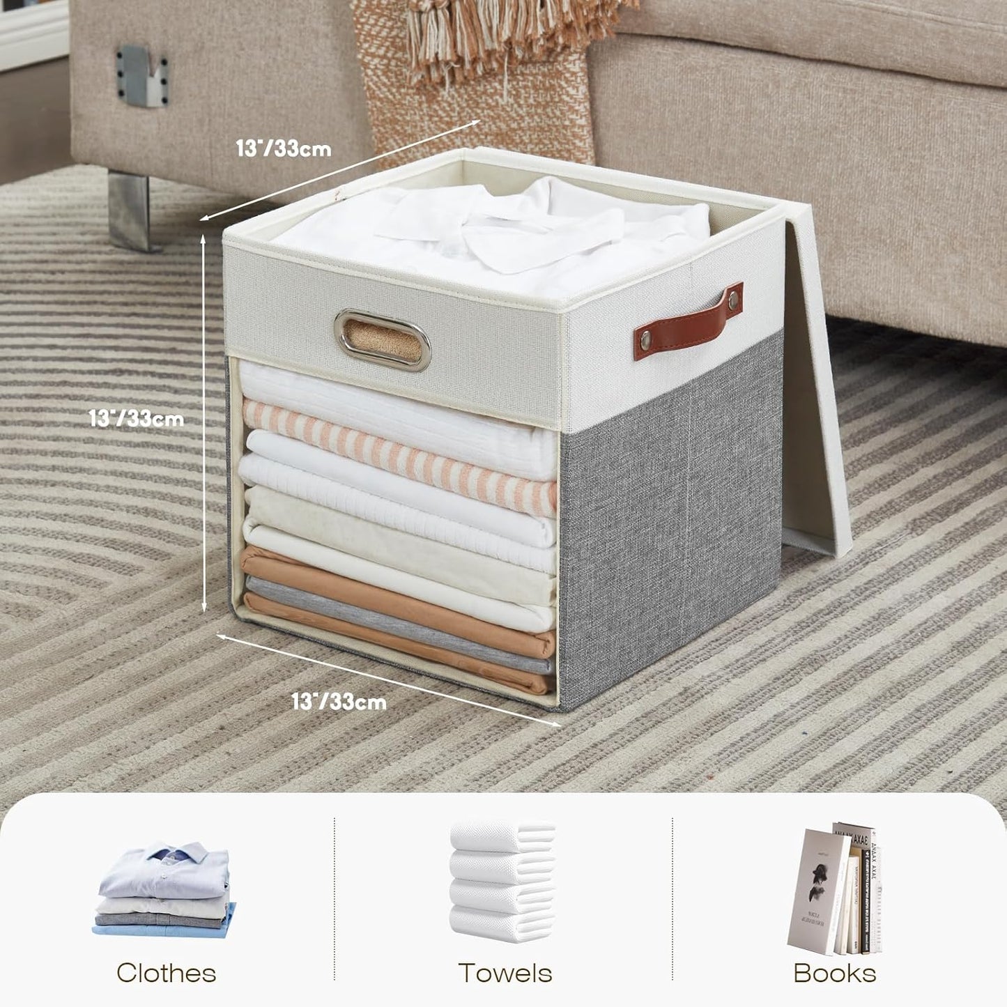 Fabric Storage Cubes with Clear Windows and Lids, 13'' Foldable Storage Bins with 3 Handles, Decorative Storage Boxes for Home, Bedroom, Closet, Office (Gray & White)