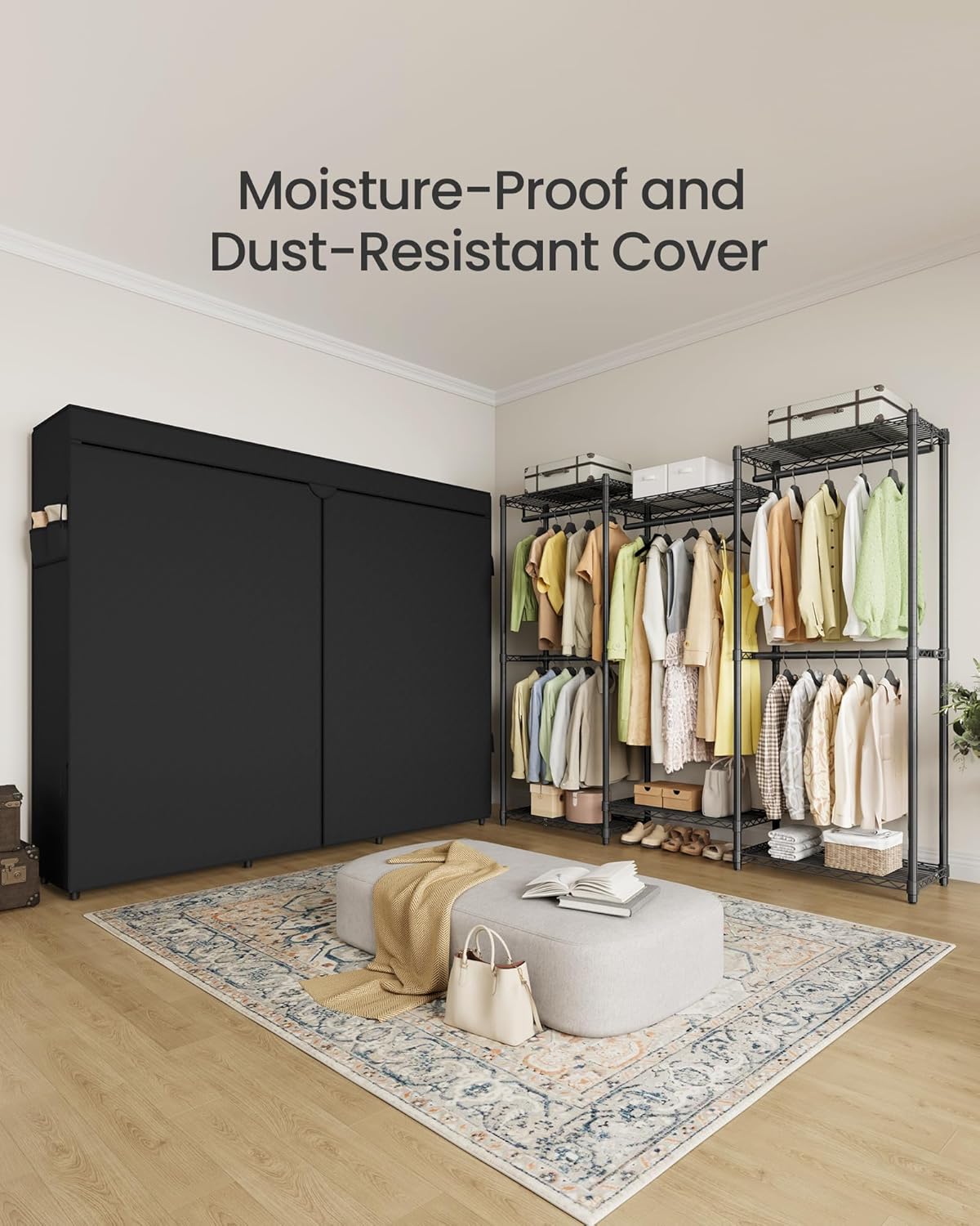 SONGMICS Heavy-Duty Clothes Rack, Garment Rack, Portable Closet, 68.7-Inch Wide Clothing Rack with Adjustable Mesh Shelves and Hanging Rails, Ink Black ULGR435B01