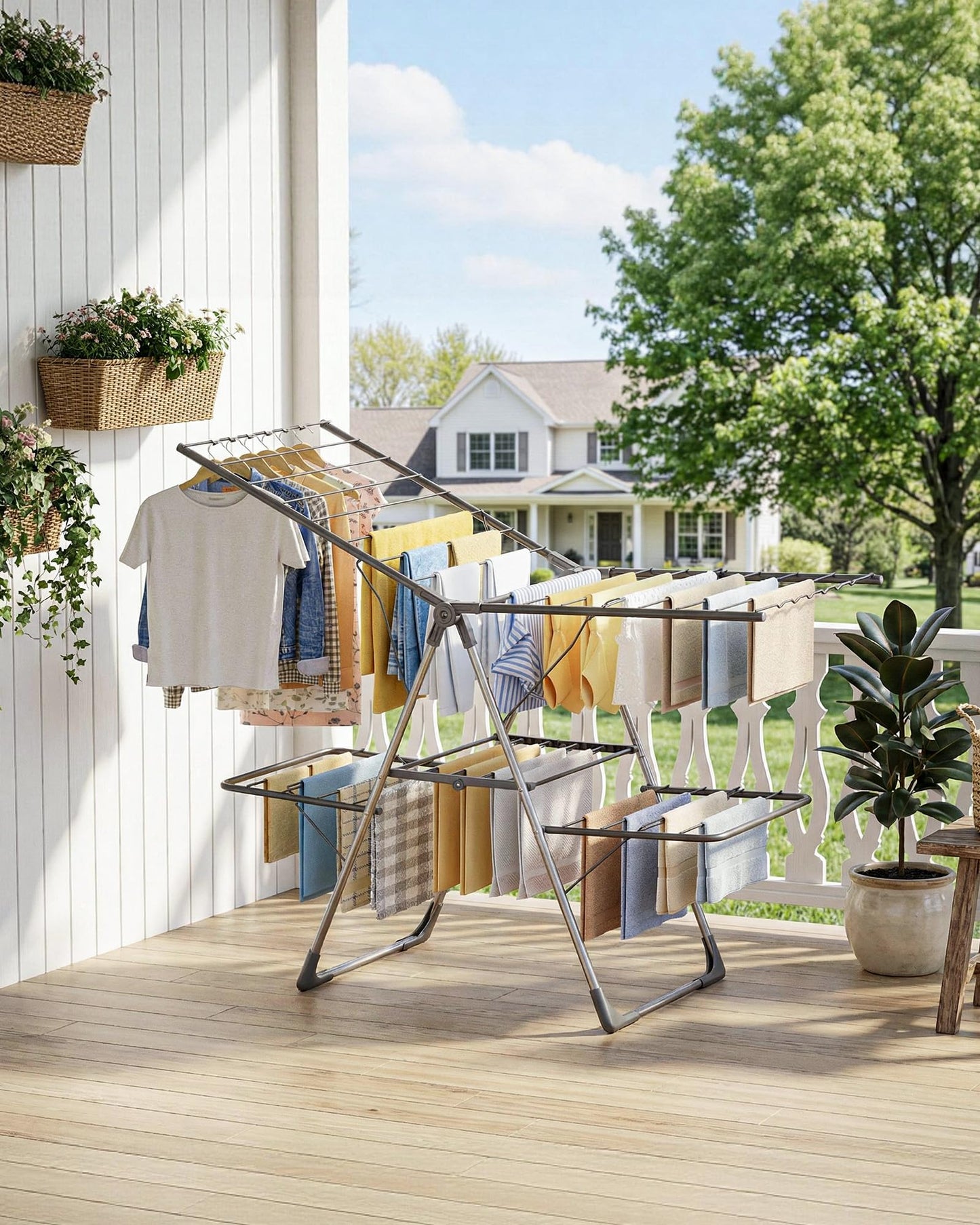 Sakugi Clothes Drying Rack, Foldable 2-Level with 55.5" Adjustable Wings