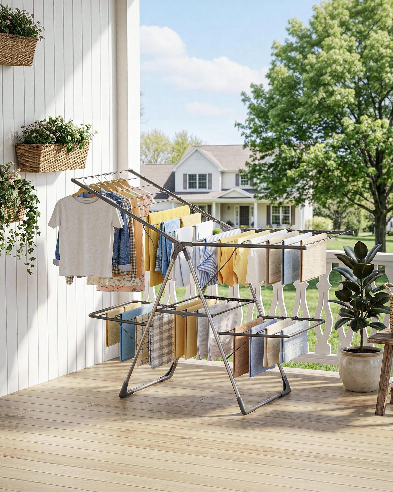 Sakugi Clothes Drying Rack, Foldable 2-Level with 55.5" Adjustable Wings