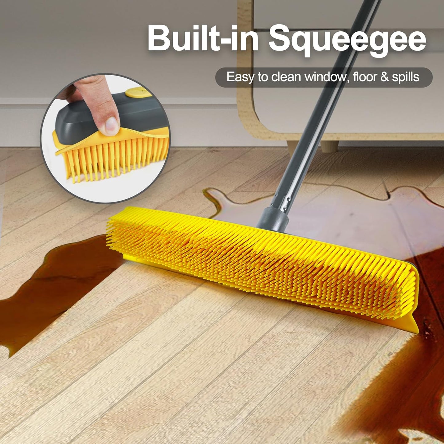 NEWE Rubber Pet Hair Removal Broom with Lint Fur Remover Tool, 57.5 inches Long Handle Silicone Carpet Brush Rake with Built-in Squeegee for Cleaning Rug, Tile, Floor (Gray Yellow)