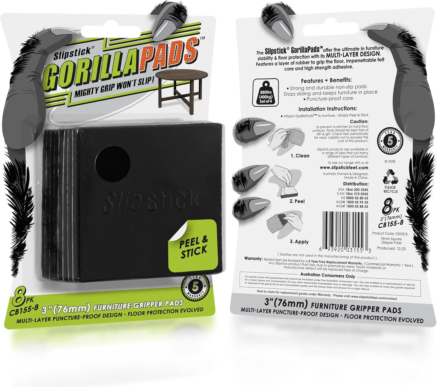 Slipstick GorillaPads Non Slip Furniture Pads/Gripper Feet Floor Protectors (Set of 8) Premium 3 Inch Square Self Adhesive Rubber Stoppers for Furniture Legs, Black, CB155-8