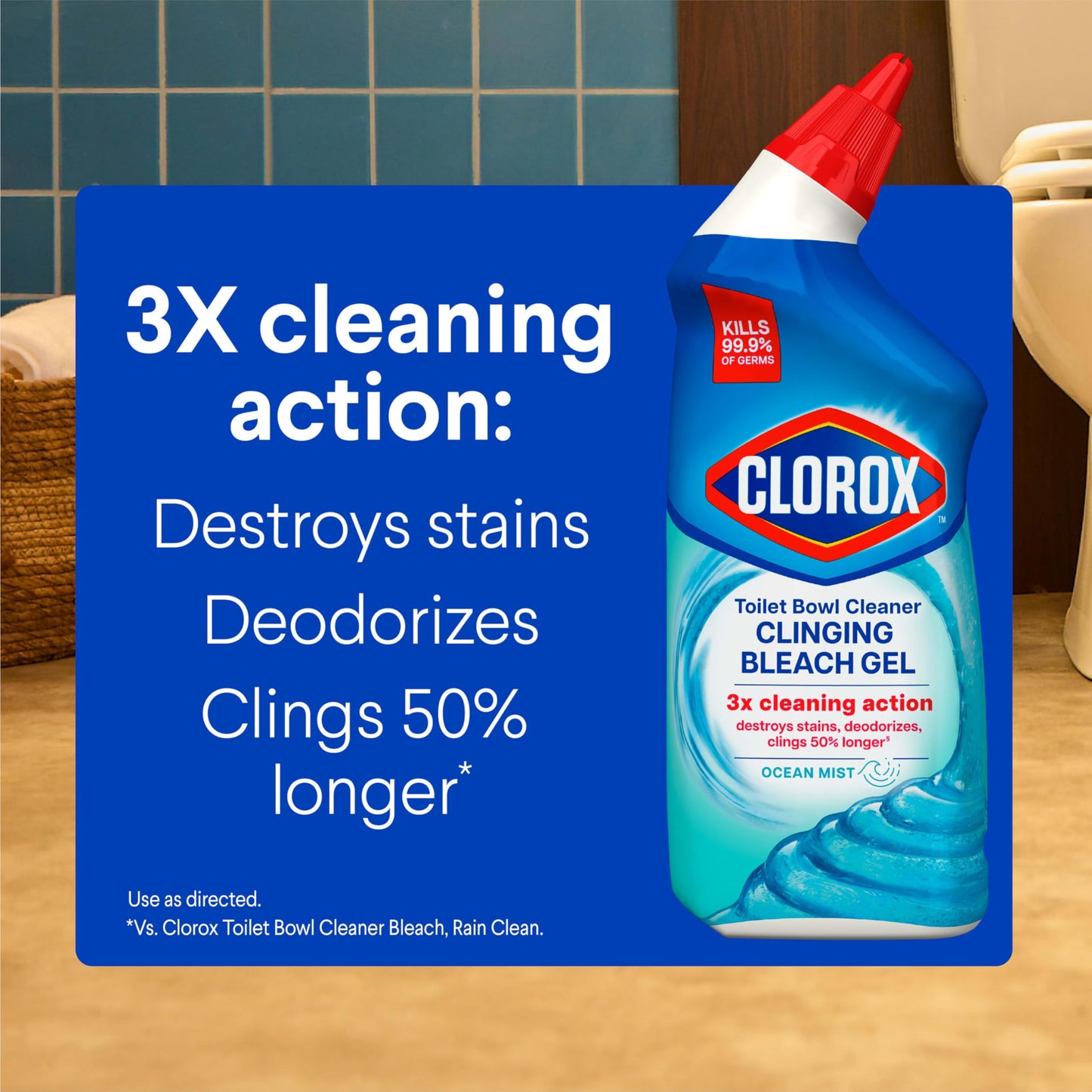 Clorox Toilet Bowl Cleaner Clinging Bleach Gel, Kills 99.9% of Bacteria and Viruses, Ocean Mist, 24