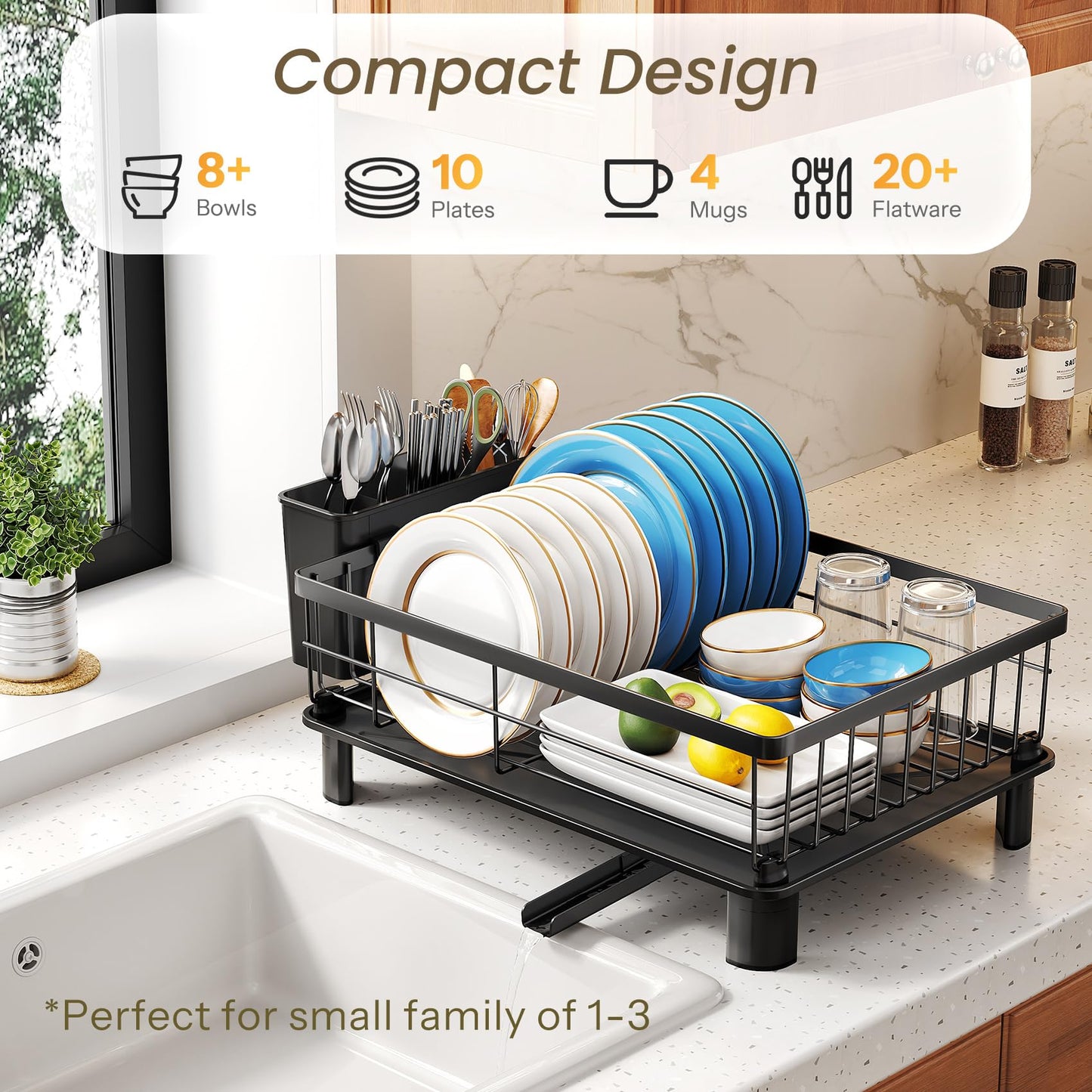 SNTD Dish Drying Rack for Small Kitchen Counter, 11" W x 15" L, Black
