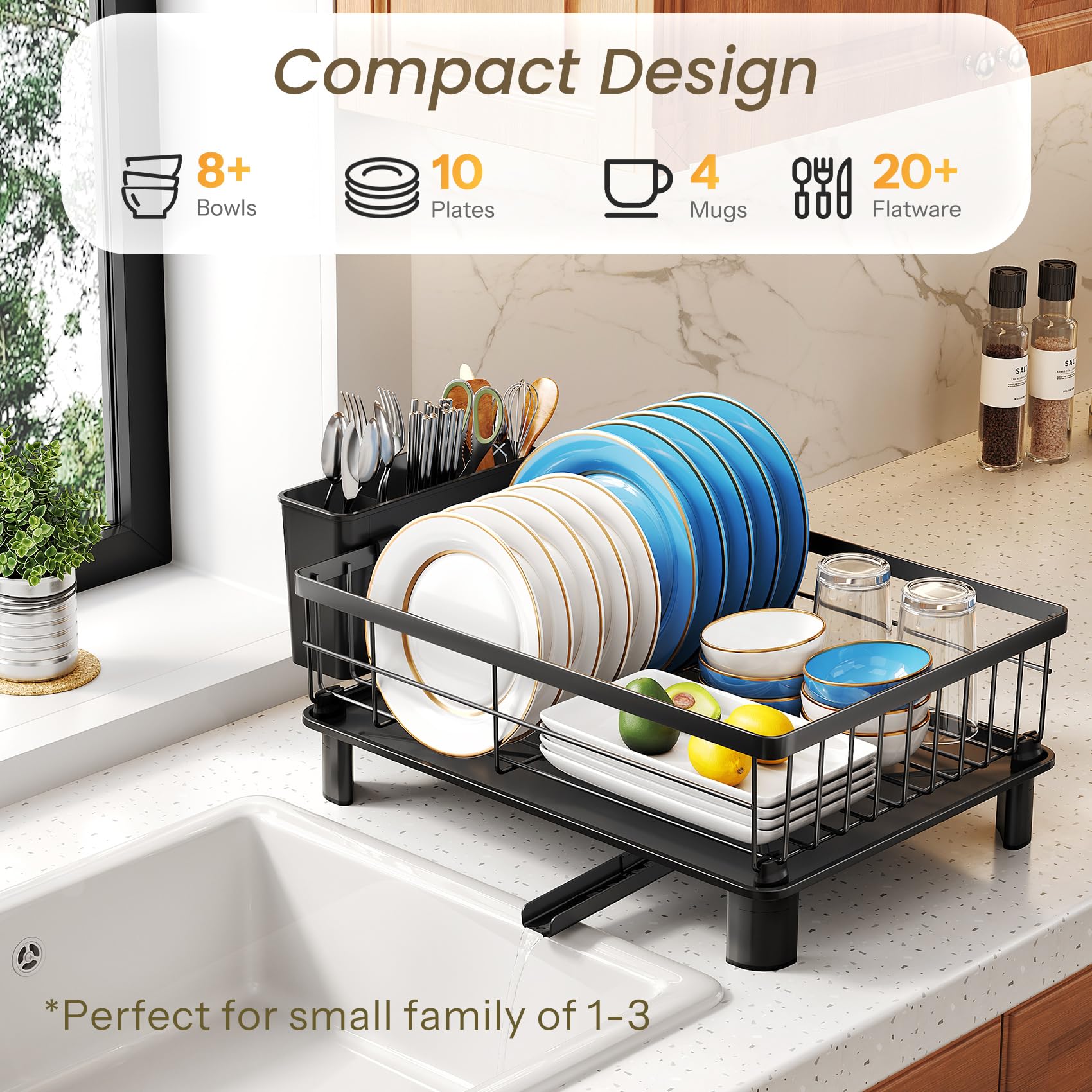 SNTD Dish Drying Rack for Small Kitchen Counter, 11" W x 15" L, Black