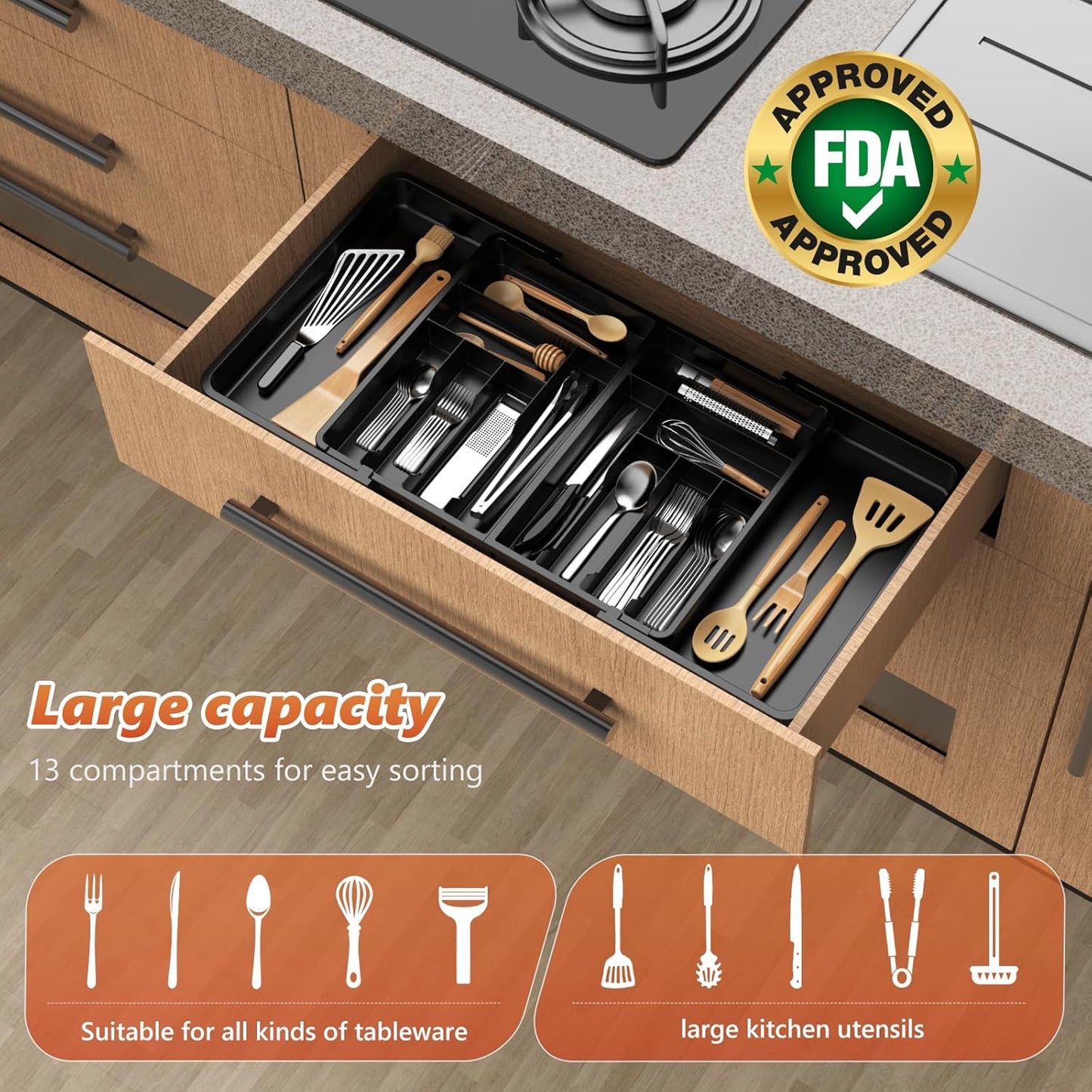 Large Silverware Drawer Organizer,utensil drawer organizer Adjustable Flatware and Cutlery Holder BPA Free Plastic Utensil Tray for Kitchen Spoons Forks Knives Black 21.6 to 38 Inches