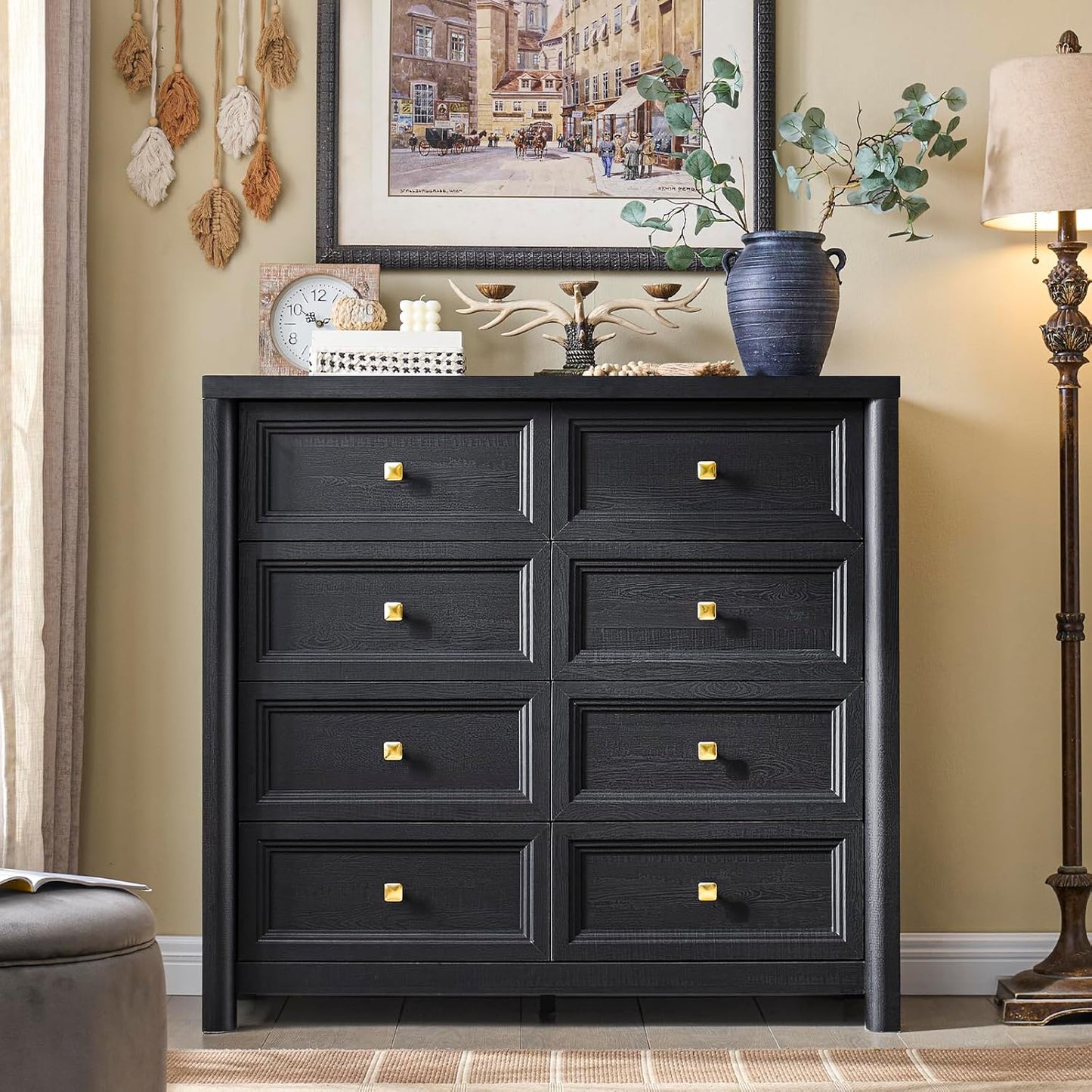Farmhouse Dresser for Bedroom, 41" Tall Black Dresser with 8 Drawers, Soide Rustic Wood Vintage Dressers Chest of Drawers for Bedroom, Living Room, Hallway