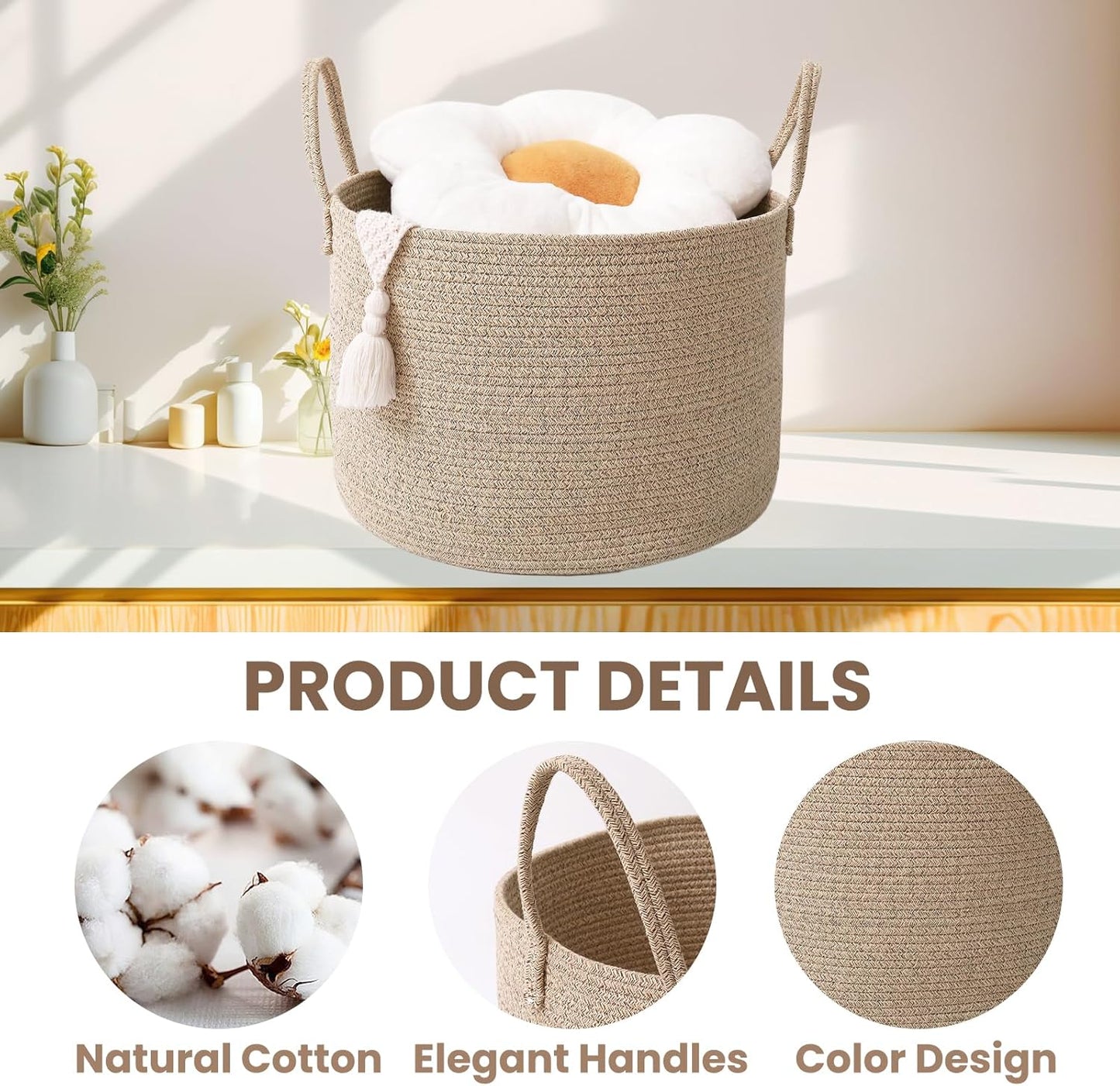 Woven Blanket Basket,115L Large Rope Storage Bin with Handles, Organizer for Blankets Toys Book and Clothes, Laundry Basket for Living Room Bedroom Nursery,Oatmeal