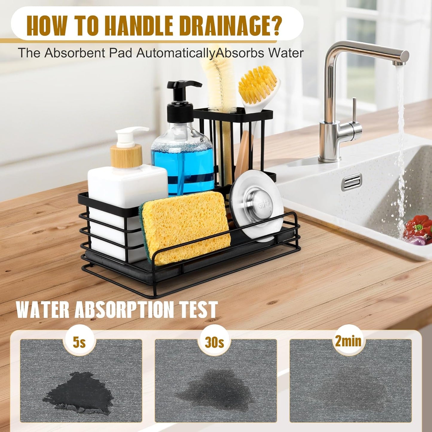 Sponge Holder for Kitchen Sink – Rustproof Sink Caddy & Kitchen Organizer with High Brush Holder, Fast Drying Diatomite Base, 304 Stainless Steel Dish Sponge Rack(Black)