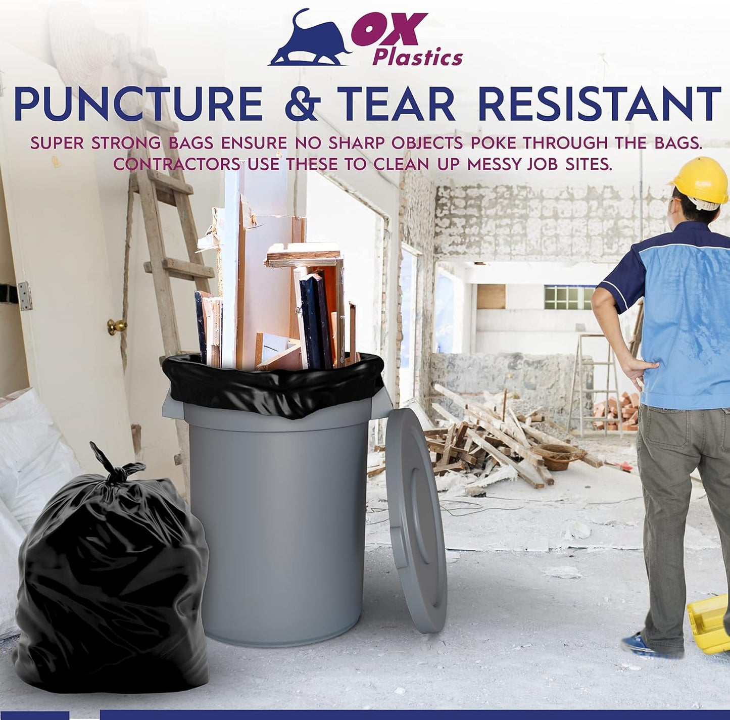 Ox Plastics 60 Gallon Trash Can Liners Garbage Bags - 100 Count & 2mil Thick Extra Heavy Duty Trash Bag Strength -Large Garbage, Leak-Proof & Durable