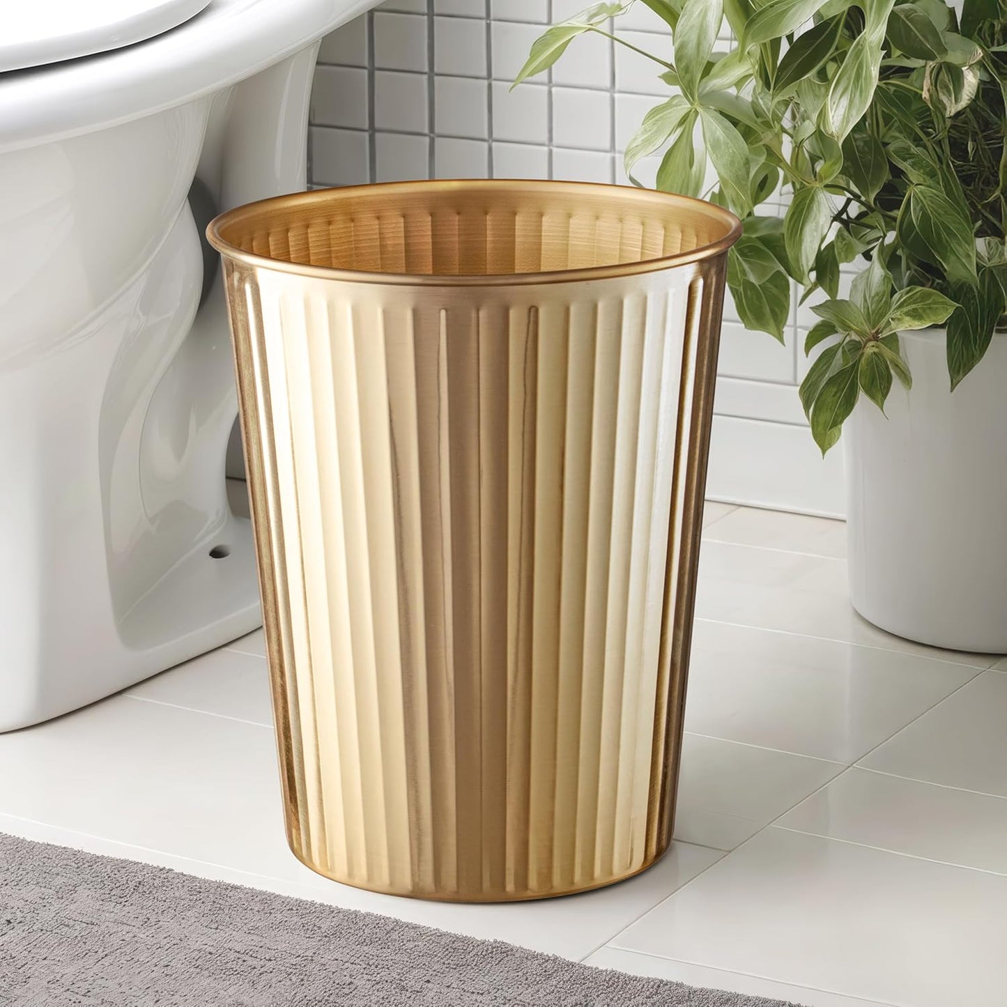 Monarch Abode Brushed Gold Handcrafted Ridge Embossed Metal Wastebasket for Home Office, Decorative Waste Basket, Modern Bathroom Garbage Can, Durable & Decorative Trash Bin, Brushed Gold Trash Can