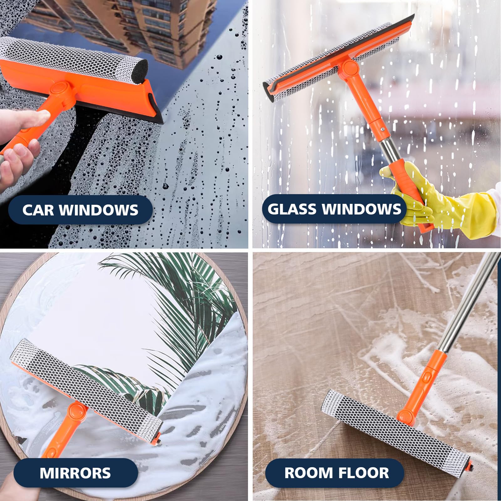 Professional Window Squeegee,2 in 1 Squeegee Window Cleaner with Long Stainless Steel Handle,Sponge
