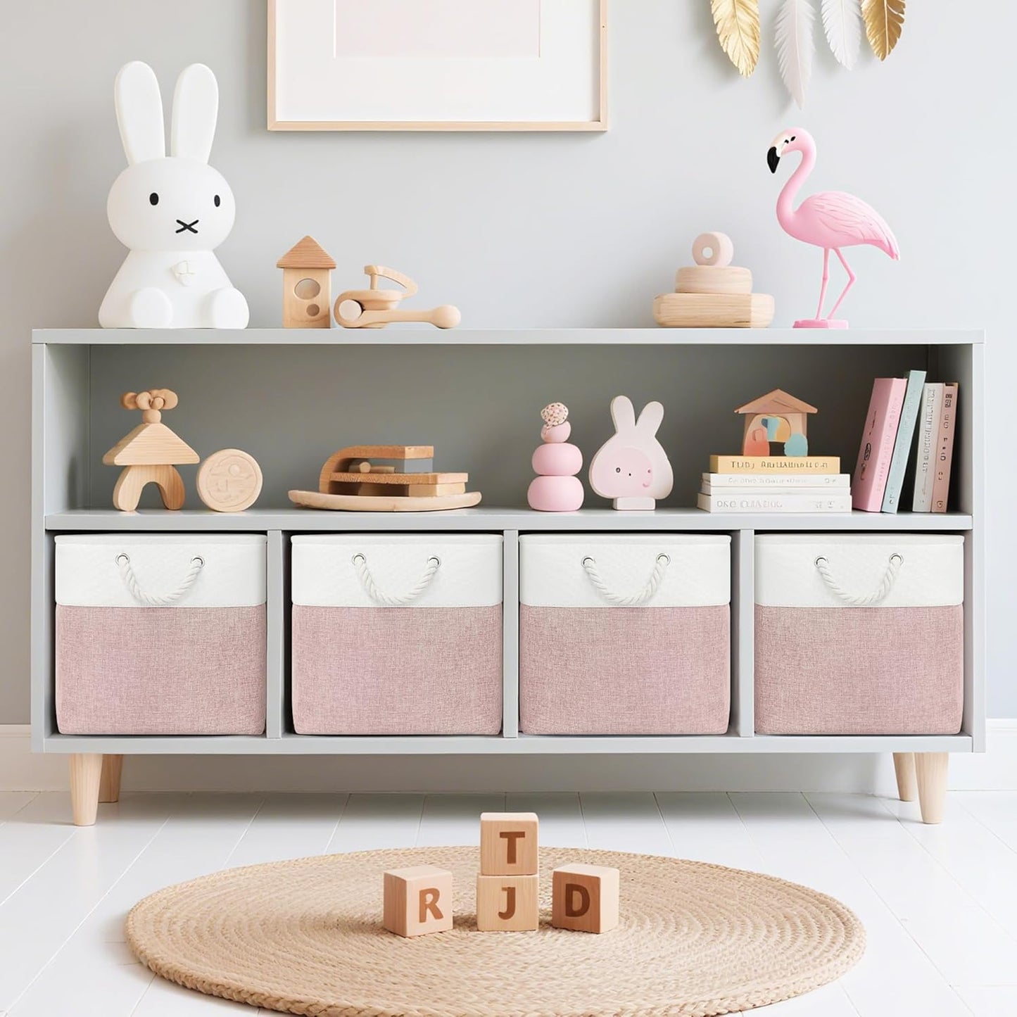 13x13 Inch Cube Storage Bins with Reinforced Bottom Cardboard, 6 Pack Large Collapsible Fabric Storage Cubes with Handles for Shelf, Closet, Toy, Laundry Organization (White&Pink)