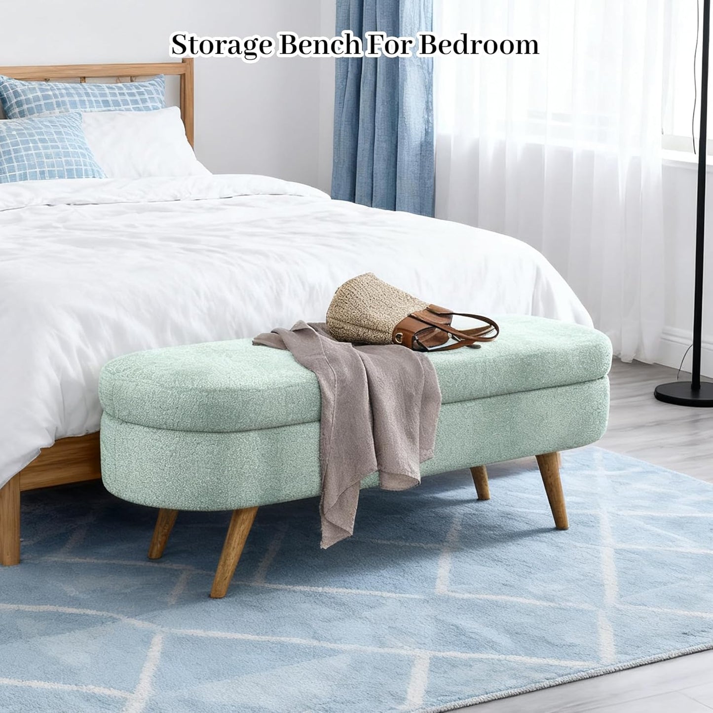 Storage Bench, 43" Storage Ottoman Bench, Shoe Storages Benches for Bedroom, Upholstered Entryway Benches with Seating, Rubber Wood Legs for Bedroom, Living Room, Entryway, Bed Side, Cyan