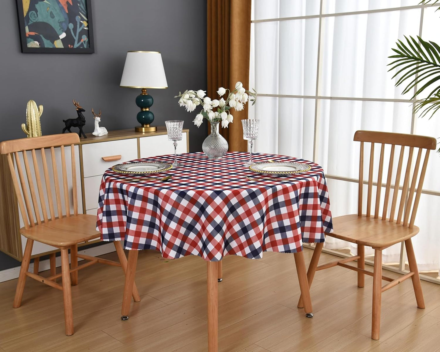 Waterproof Plaid Tablecloth Fabric - Round 50 Inch Classic Gingham Checker Table Cloth for Indoor/Outdoor Use - Buffalo Table Cover for Picnics, BBQs, and Parties