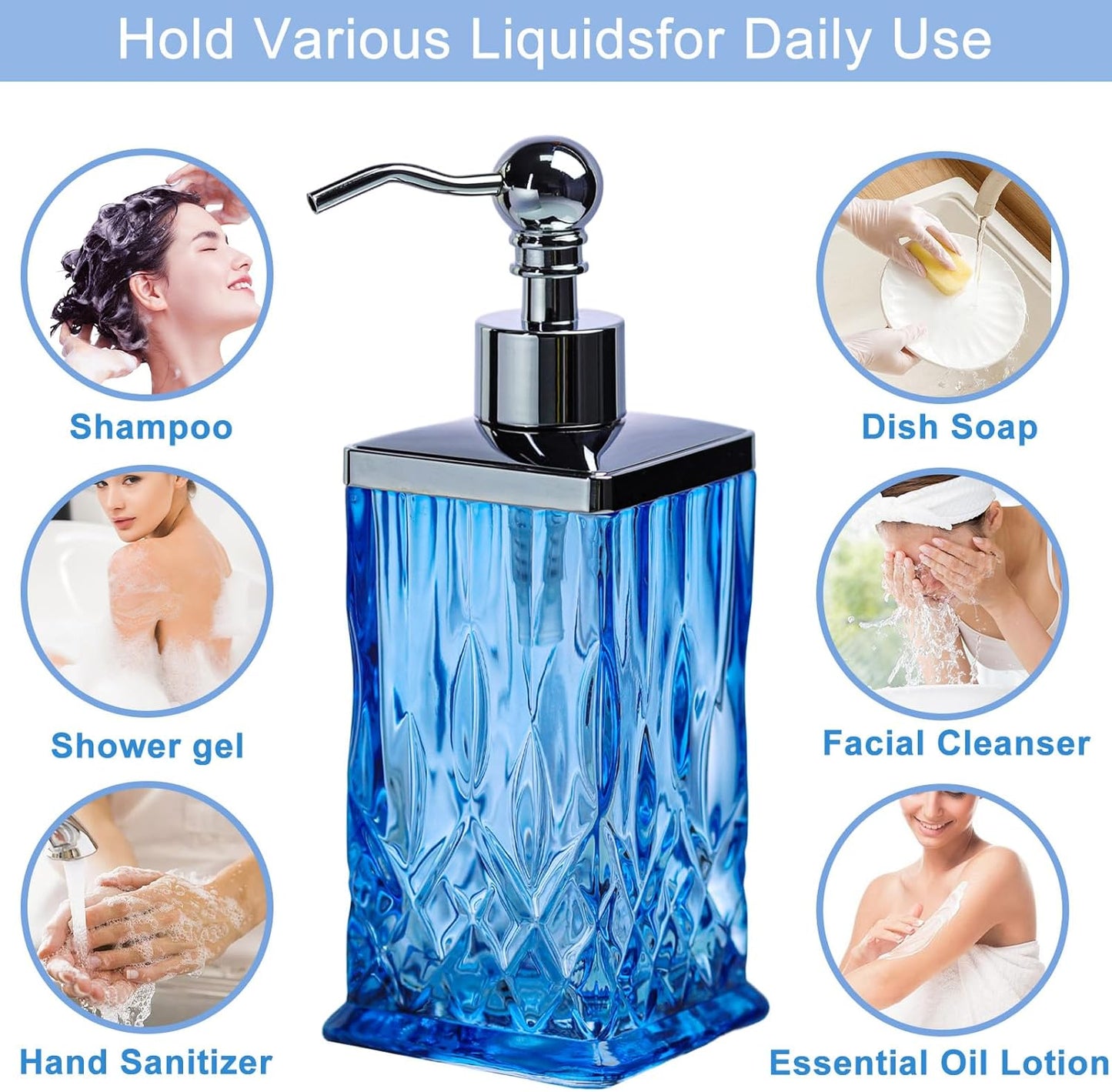 10Oz Diamond Grid Pattern Blue Glass Soap Dispenser with Rust Proof Stainless Steel Pump,Refillable Hand Soap Dispenser for Bathroom & Kitchen Hand Soap,Lotion,Body Wash(Square)