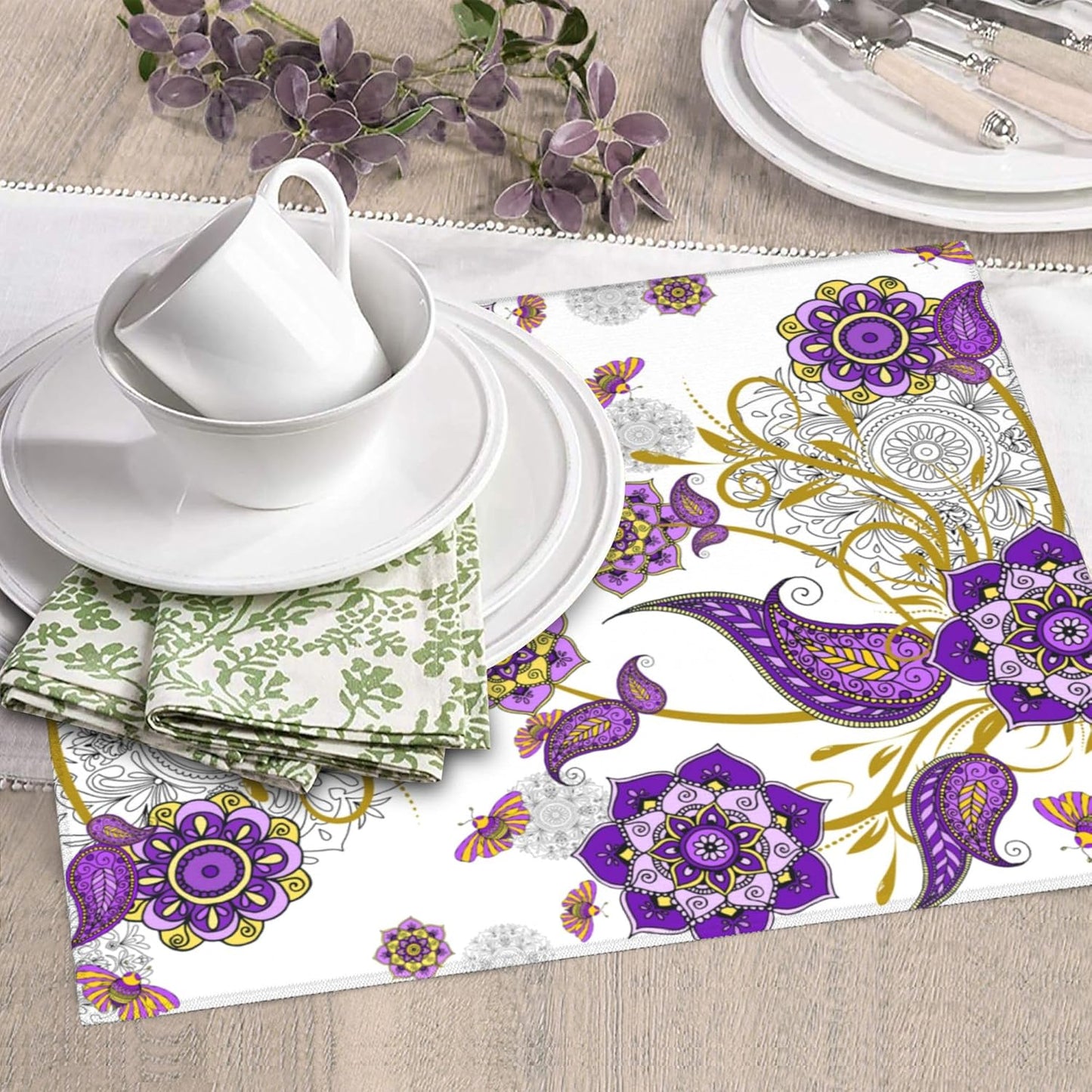 Boho Floral Dish Drying Mat for Kitchen Counter Washable Absorbent Reversible Microfiber Purple Flower Drying Pad Kitchen Accessories 16x18 Inch