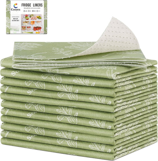 Cooyes Drawer & Shelf Liner for Kitchen Cabinets, Breathable Cloth Material, Machine Washable, Refrigerator Liners with Non-Slip Particles, Keep Produce Fresh Longer, 12 Pack, 12" * 24", Sage Green
