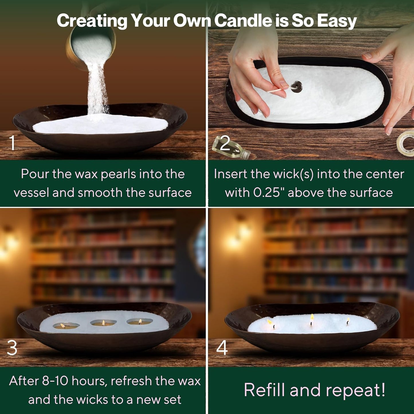 LILY LADUE Candle Refill Kit - 2Lb/32Oz Pearled Candles Sand and Wicks (48) and Hammered Bronze Holder, Reusable Unique Sand Candles with Wicks for Candle Making, Bulk Unscented Pearl Wax Beads