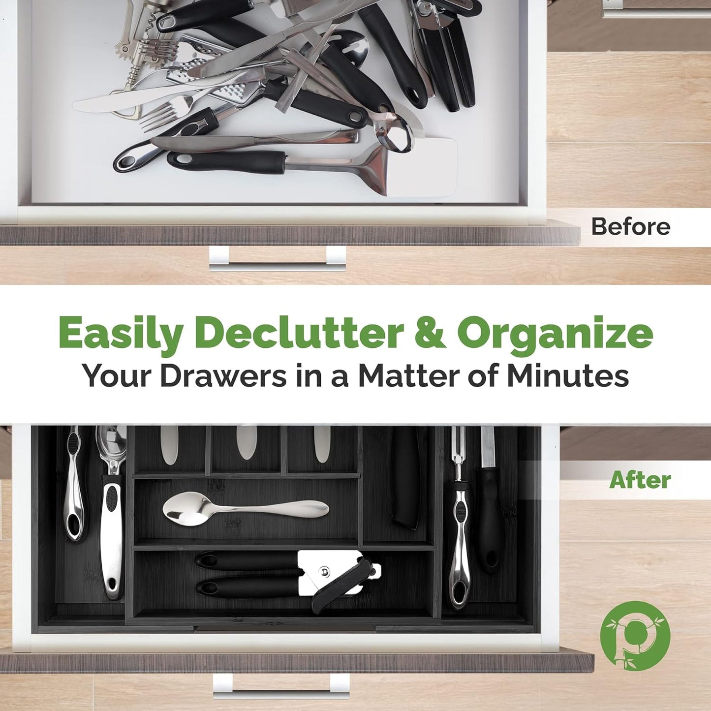 Silverware Tray - Drawer Organizer with Expandable Wooden Dividers (8-Slots, Black)