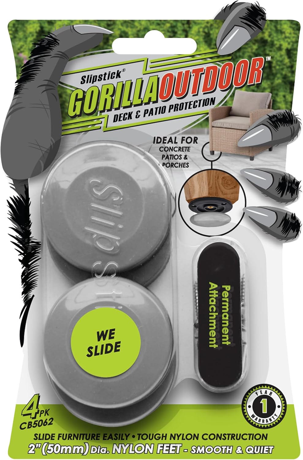 Gorilla Outdoor 2 Inch Furniture Sliders/Screw on Nylon Glide Floor Protectors (Set of 4 Glides) for Carpet and Hard Surface Sliding on Outdoor & Indoor Floors
