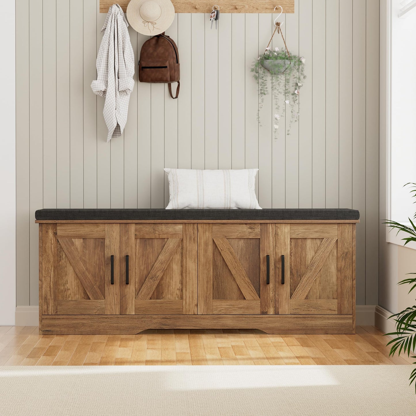 HOMSHO Farmhouse Shoe Storage Bench with 4 Barn Doors & Padded Seat Cushion