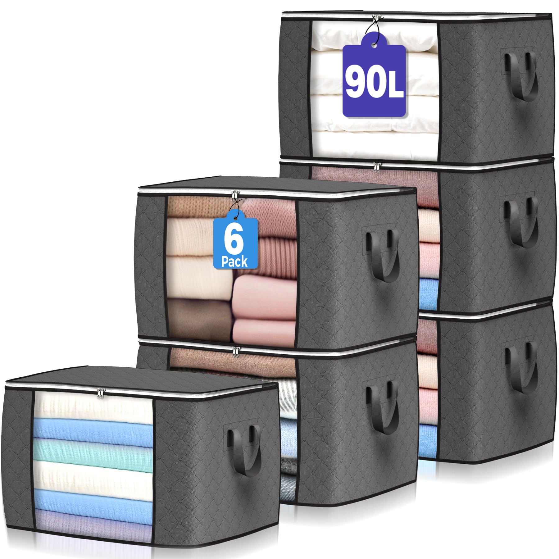 90L Large Storage Bags, 6 Pack Clothes Storage Bins Closet Organizers