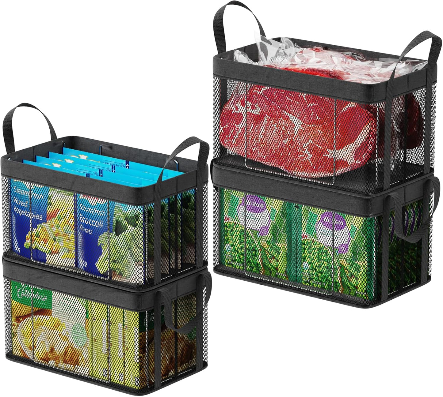 iSPECLE Deep Freezer Organizer Bins - 4 Pack Large Stackable Freezer Organizer Bins for 5 to 7 Cu.Ft Chest Freezers Easy Get Foods without Digging, Faster Freezing Better Freshness, Black