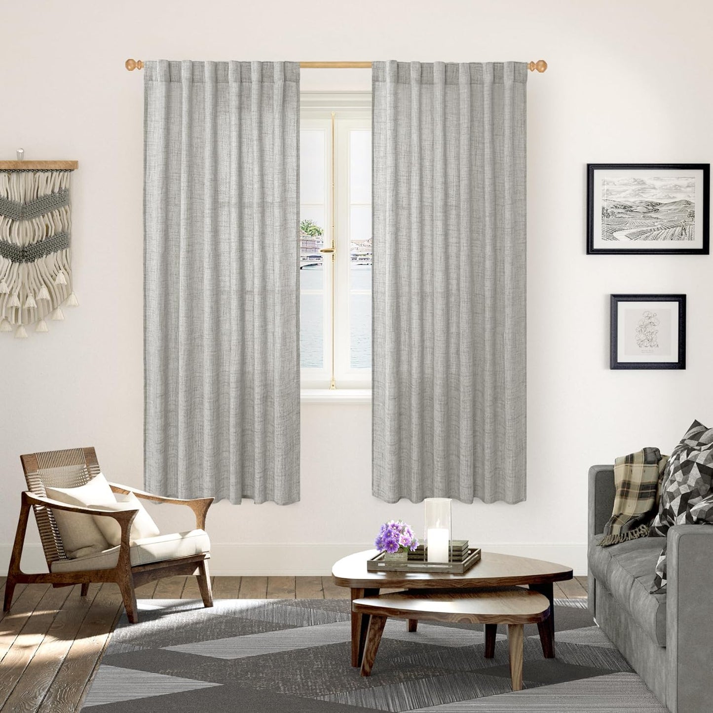 YoungsTex Dark Grey Linen Semi Sheer Curtains 2 Panels for Living Room, Light Filtering Window Treatments Textured Privacy with Back Tab Rod Pocket for Bedroom, 52 X 72 Inch