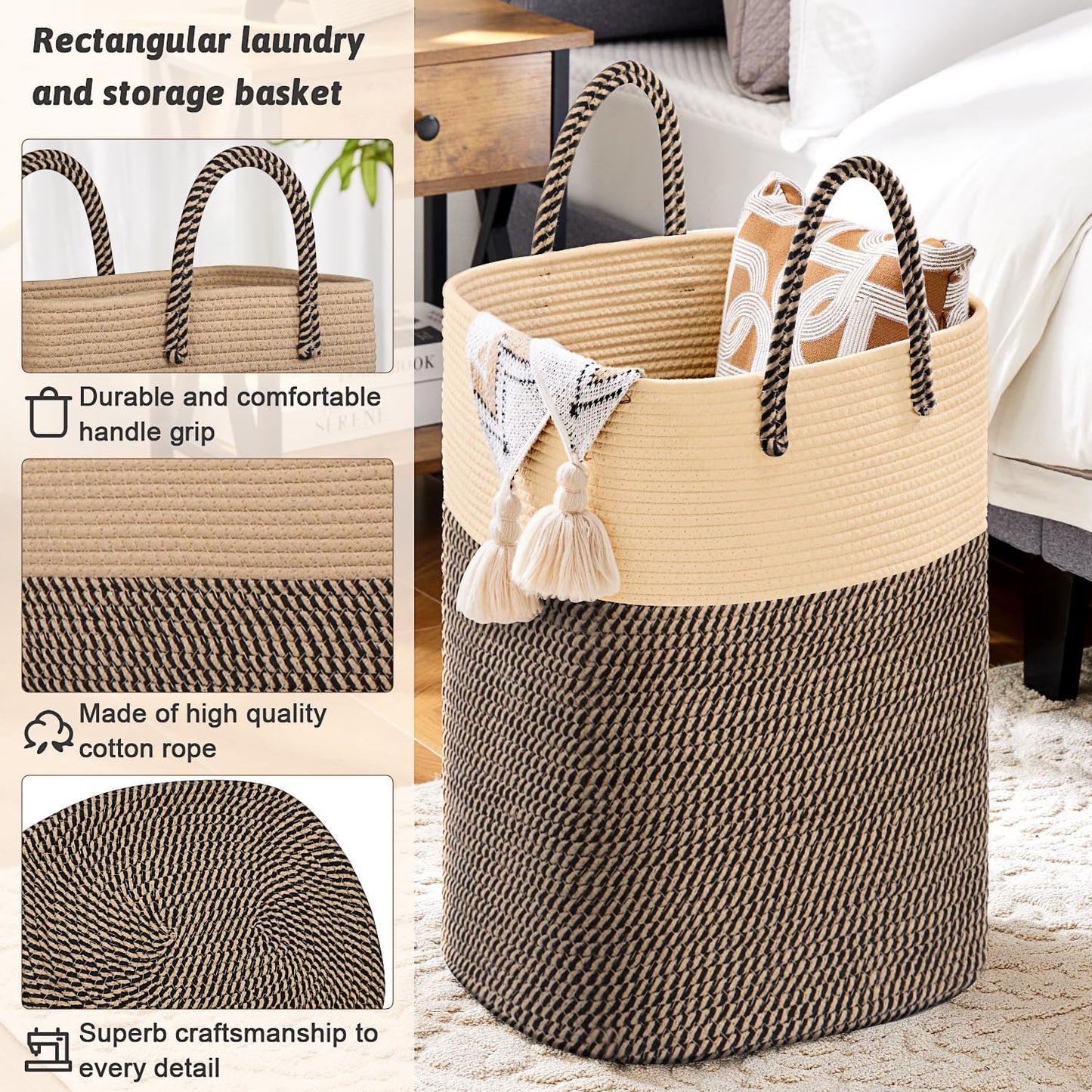 Laundry Basket,Woven Cotton Rope Laundry Hamper,Versatile Storage for Dirty Clothes,Baby Toys,and Blankets in Bathroom, Nursery,and Living Room (Jute, 60L)