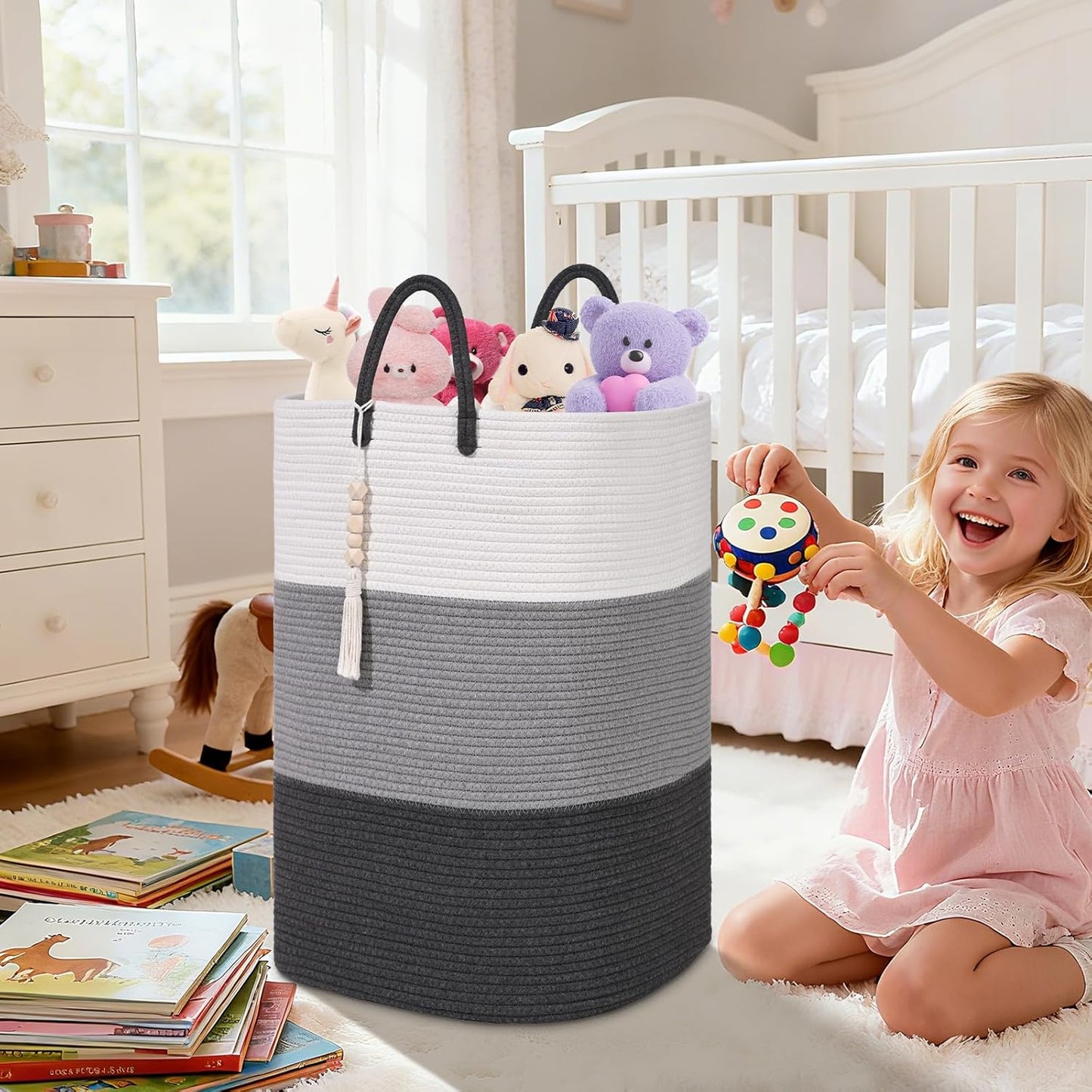 Woven Laundry Basket for Clothes,65 L Large Rectangle Laundry Hampers with Beads Tassel, Nursery Storage Basket for Toys, Tall Dirty Clothes Hamper for Bedroom Aesthetic, Laundry Room Organization