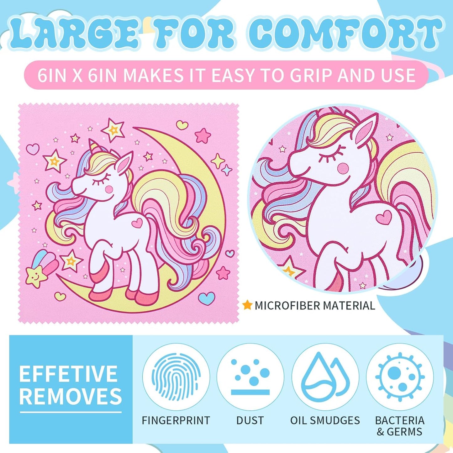 Sinmoe 20 Pcs Microfiber Cleaning Cloth Cute Unicorn Design Microfiber Soft Multicolor Glasses Cleaner Cloth for Eyeglasses Camera Lens Cell Phone Screens Glasses, 6 x 6 Inches