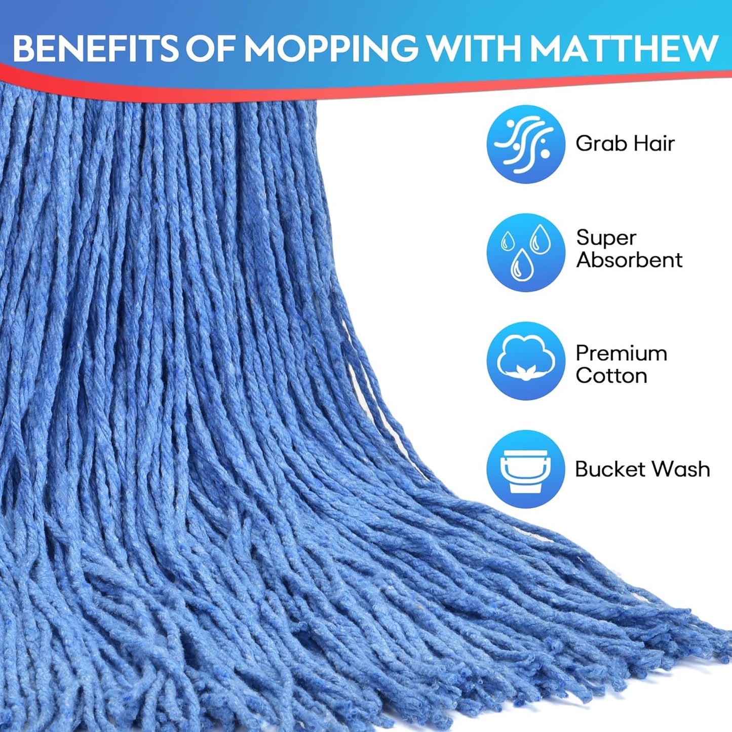 Matthew Cleaning 24oz 6Pack Cotton Floor Mop,Cotton Looped-Open String Heavy Duty String Refills, Universal Headband Blend Refill,Mop Head Replacement for Home, Industrial and Commercial Use(Blue)