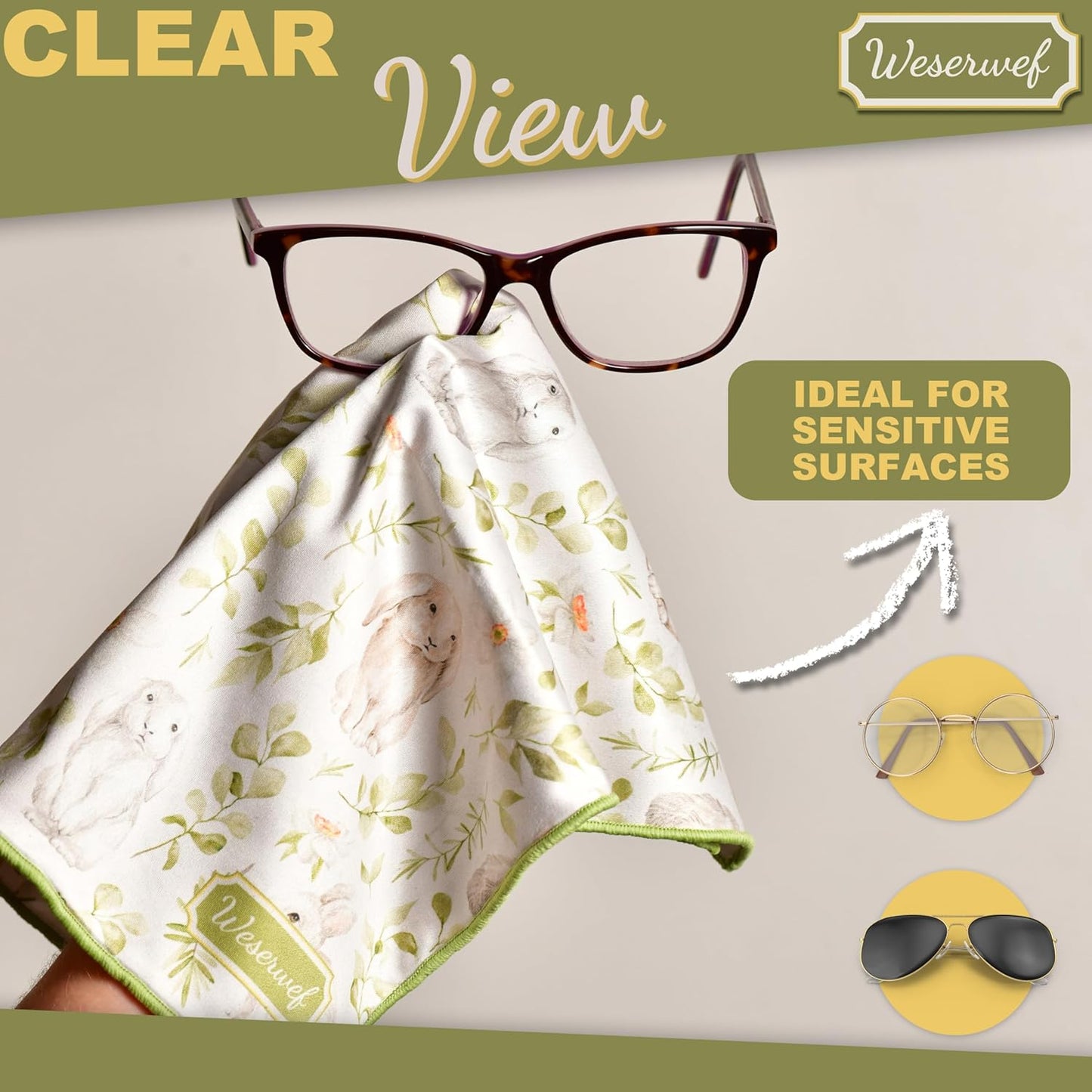 WESERWEF Design Microfiber Glasses Cleaning Cloth – Premium Cleaning Cloth for Eyeglasses, Screens, Tablets, Cameras & Lenses, 12" x 12", Ultra-Soft & Scratch-Free (Rabbits)