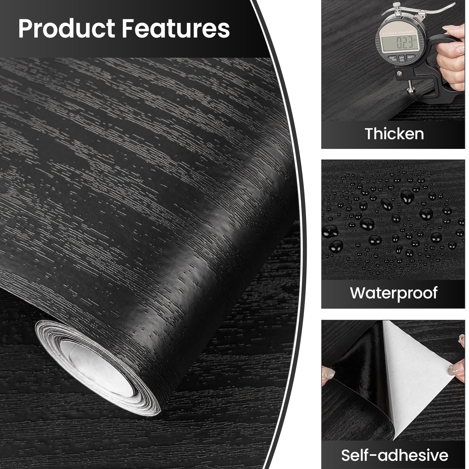 Abyssaly Black Wood Contact Paper Peel and Stick Wallpaper for Cabinets