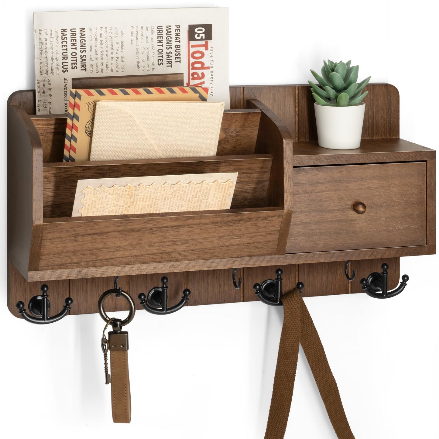 Rebee Vision Key Holder Wall Mount with Drawer Organizer for Entryway,Brown