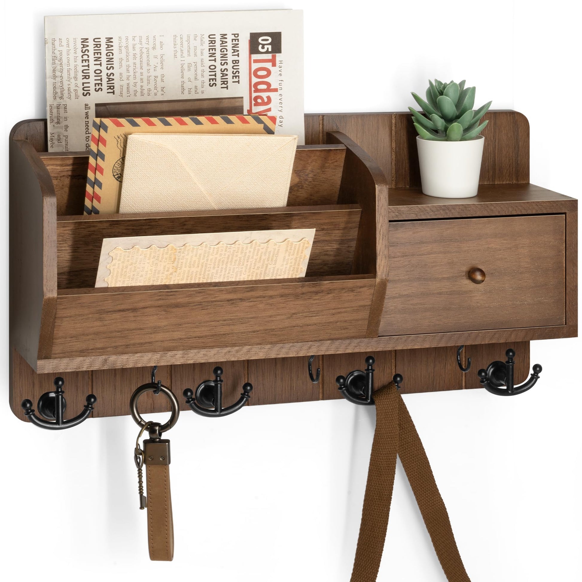 Rebee Vision Key Holder Wall Mount with Drawer Organizer for Entryway,Brown