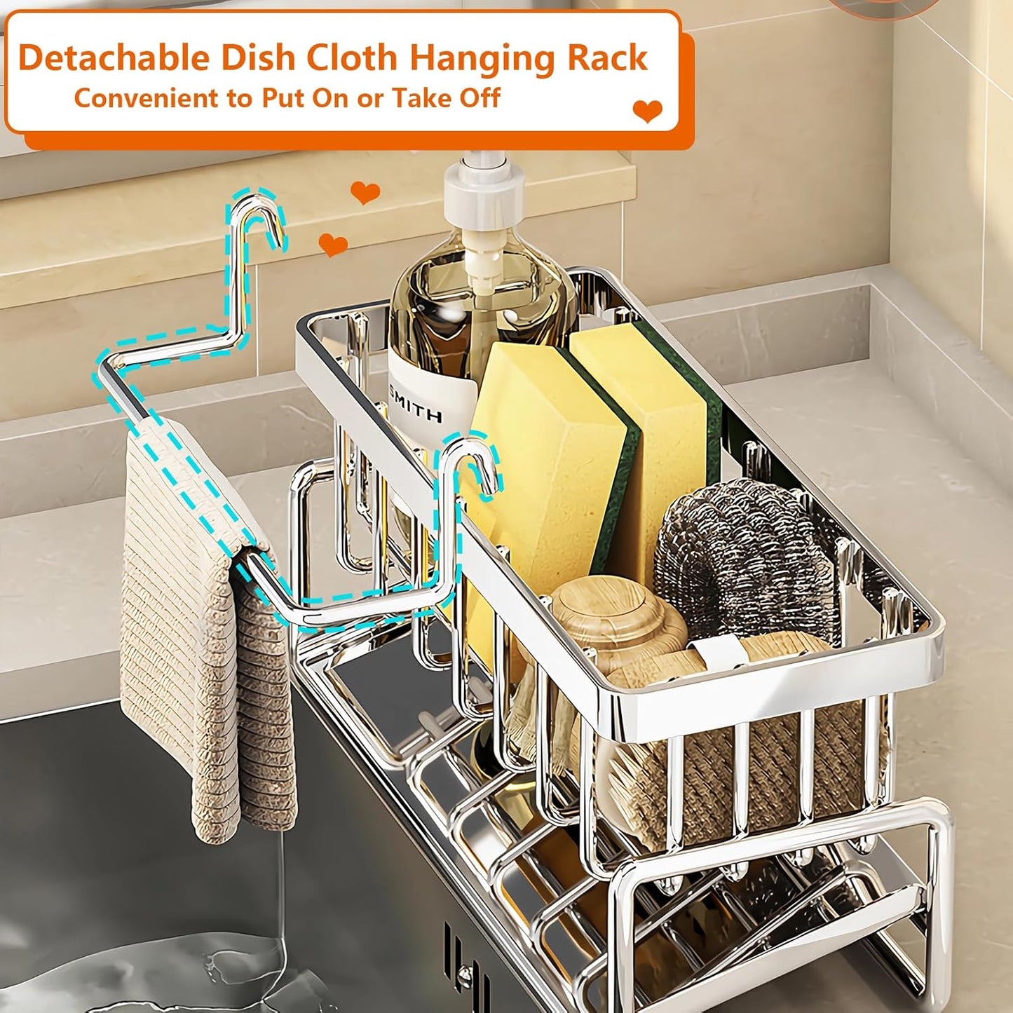 Sponge Holder for Kitchen Sink, Sink Caddy Organizers Stainless Steel,30°Tilt Self-Drainage,Sponge Holder with Dish Brush Holder,Removable Dishcloth Rack for Kitchen Storage Box,Silver
